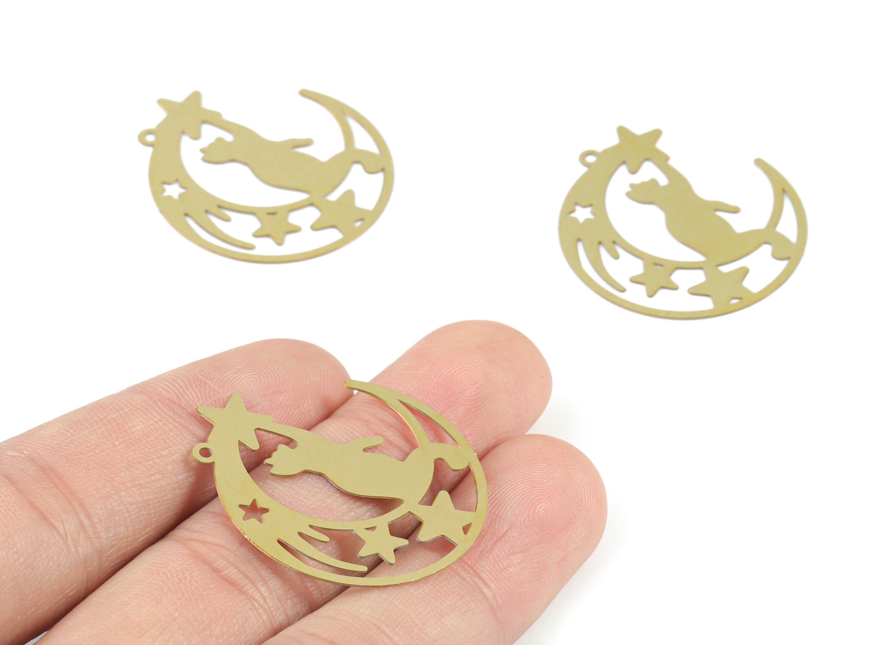 Brass Crescent Star Cat Pendant - Raw Brass Crescent Cat Earring Charms - Earring Findings - Jewelry Supplies - 32.32x29.41x0.27mm - JJB6491 - DOMEDBAZAAR