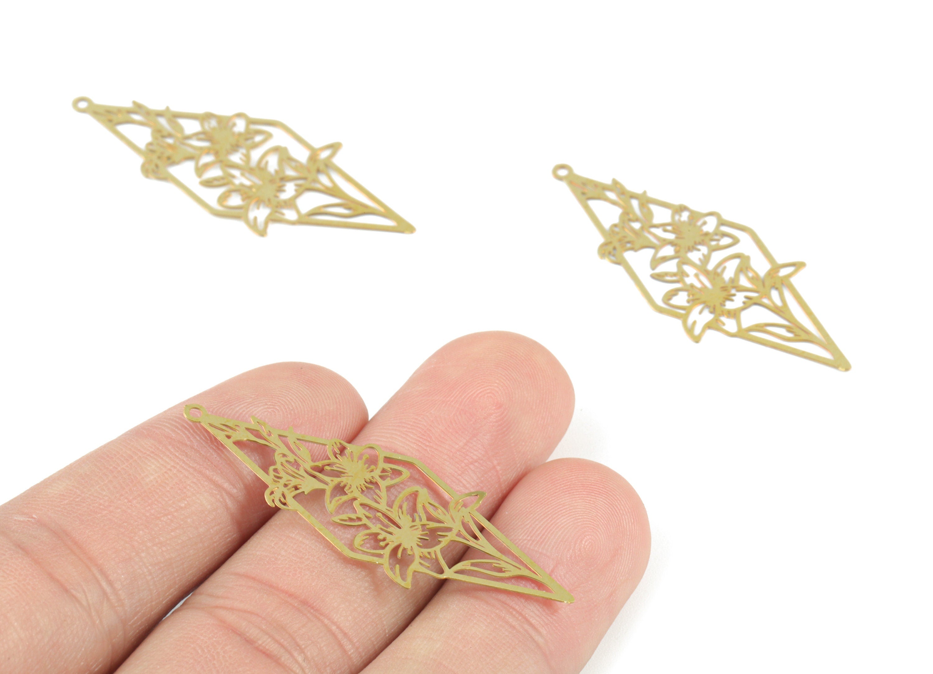 Brass Rhombus Flower Pendant - Raw Brass Flower Earring Charms - Earring Findings - Jewelry Supplies - 43.96x16.6x0.27mm - JJB6497 - DOMEDBAZAAR