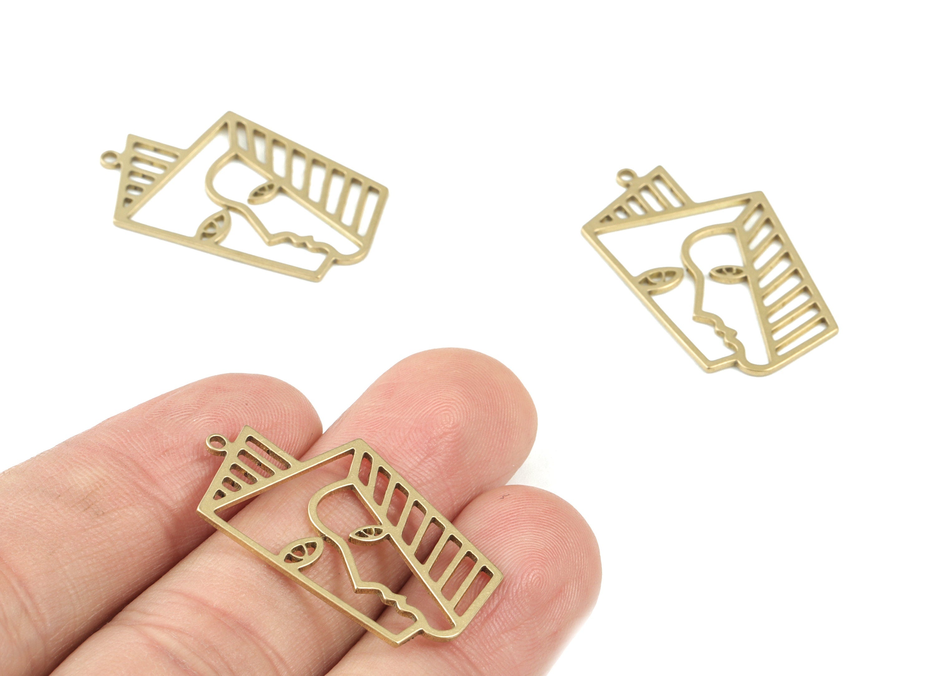 Geometric Faces Pendant - Raw Brass Faces Earring Charms - Earrings Finding - Jewelry Supplies - 31x19x0.9mm - PPM3519 - DOMEDBAZAAR