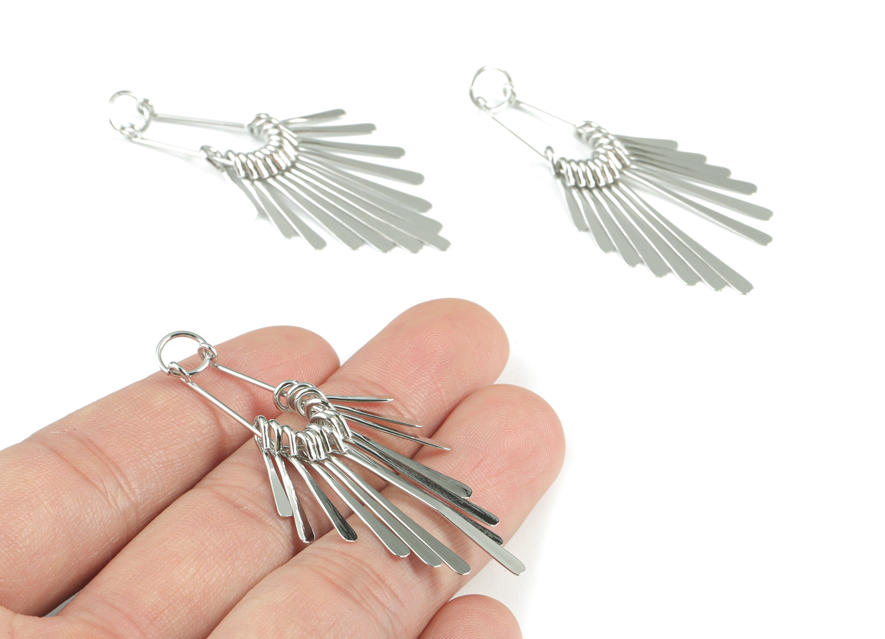Silver Fringed Earring Charms - 18K Real White Gold Brass Hammered Fringed Trim Charms - Jewelry Supplies - 56.96x26.05x2.63mm - RGP2732S - DOMEDBAZAAR