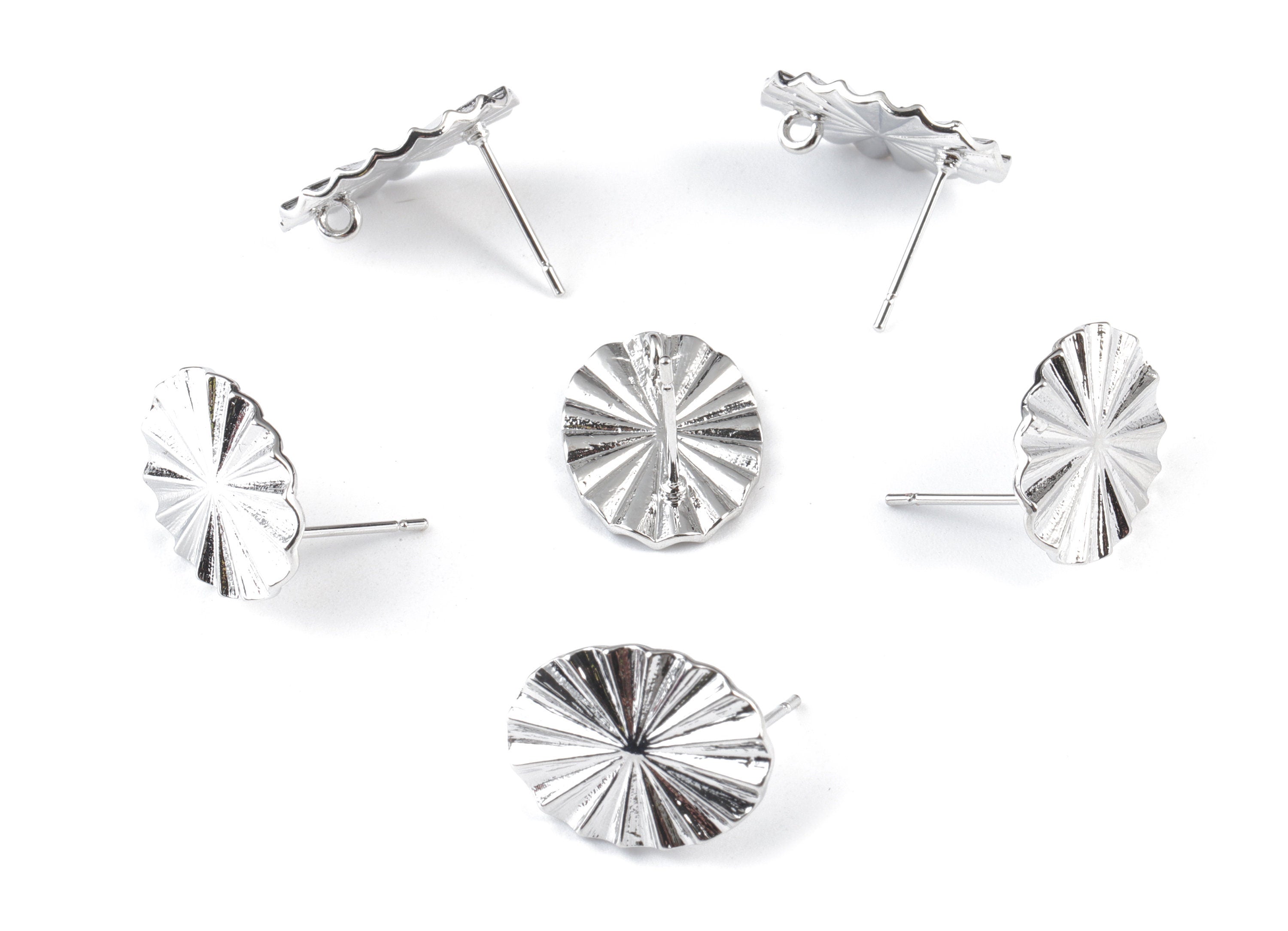 SIlver Flower Earring Stud With Loop - 18K Real White Gold Brass Flower Earring Post - 316 Stainless Steel - 17.38x12.9x1.5mm - RGP2464S - DOMEDBAZAAR