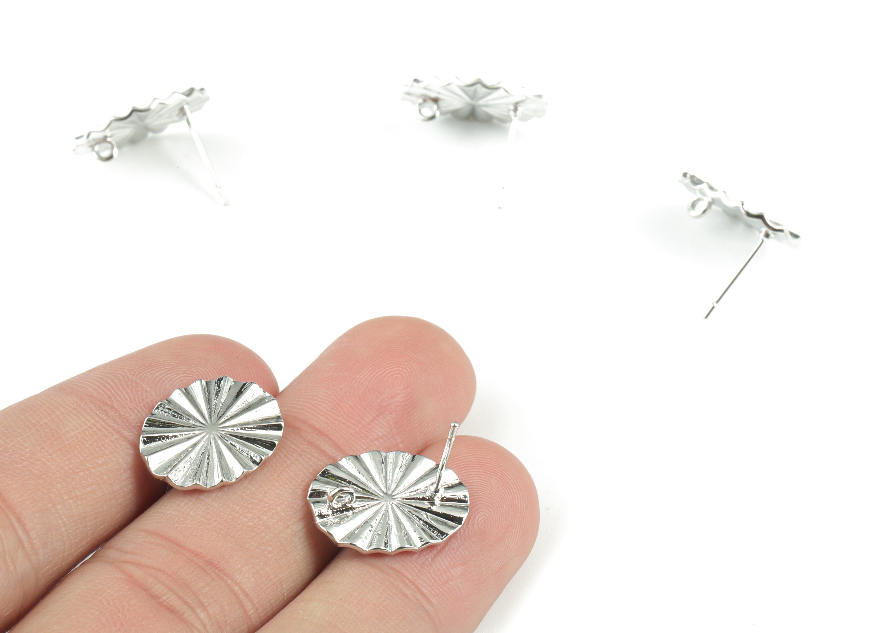 SIlver Flower Earring Stud With Loop - 18K Real White Gold Brass Flower Earring Post - 316 Stainless Steel - 17.38x12.9x1.5mm - RGP2464S - DOMEDBAZAAR