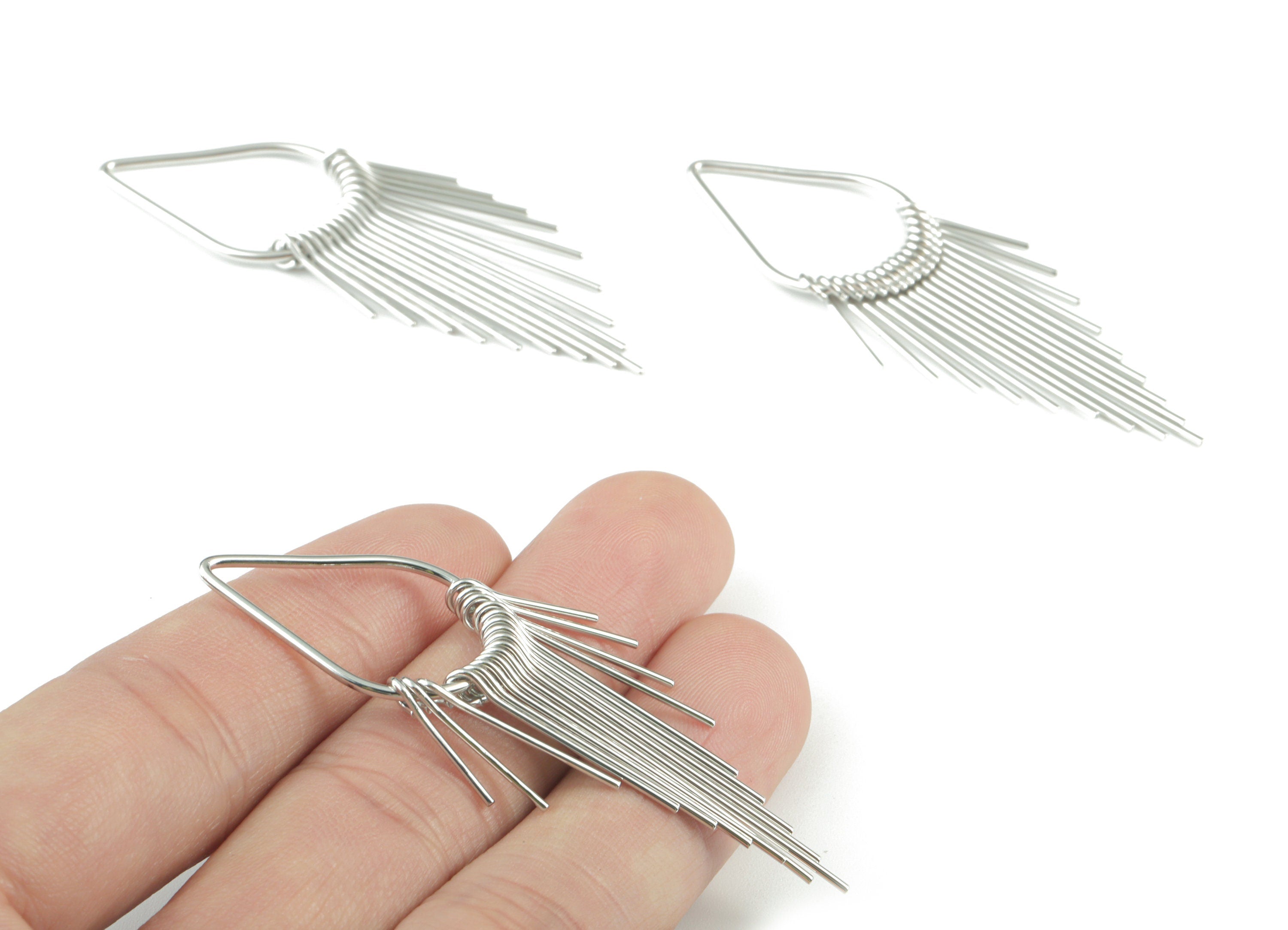 Silver Fringed Earring Charms - 18K Real White Gold Brass Hammered Fringed Trim Charms - Jewelry Supplies - 62.93x17.6x3.18mm - RGP2733S - DOMEDBAZAAR