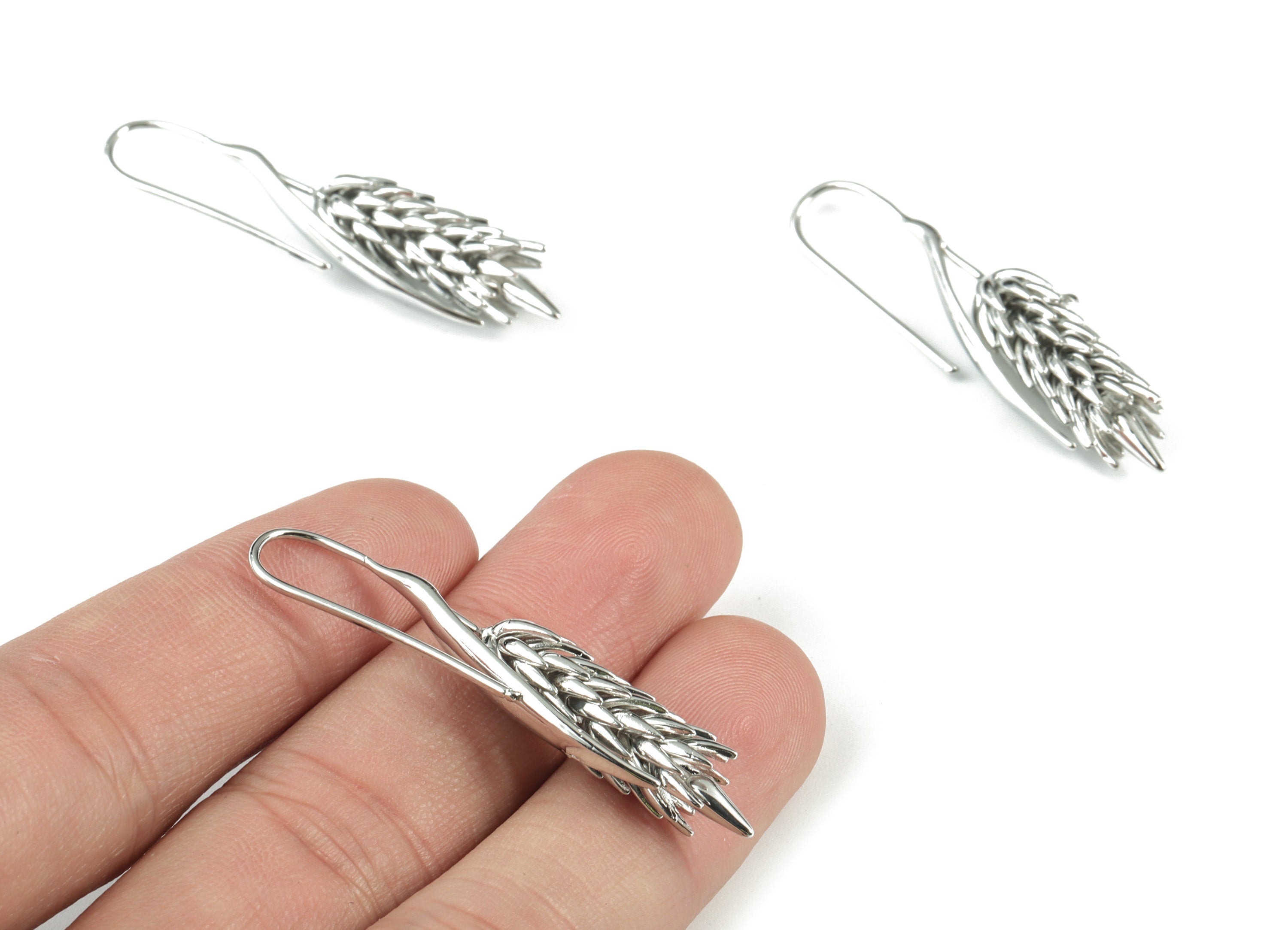Silver Spikes Earring Wire - 18K Real White Gold Brass Wheat Earring Hook - Earring Finding - Jewelry Supplies -48.96x11.2x7.77mm - RGP2738S - DOMEDBAZAAR