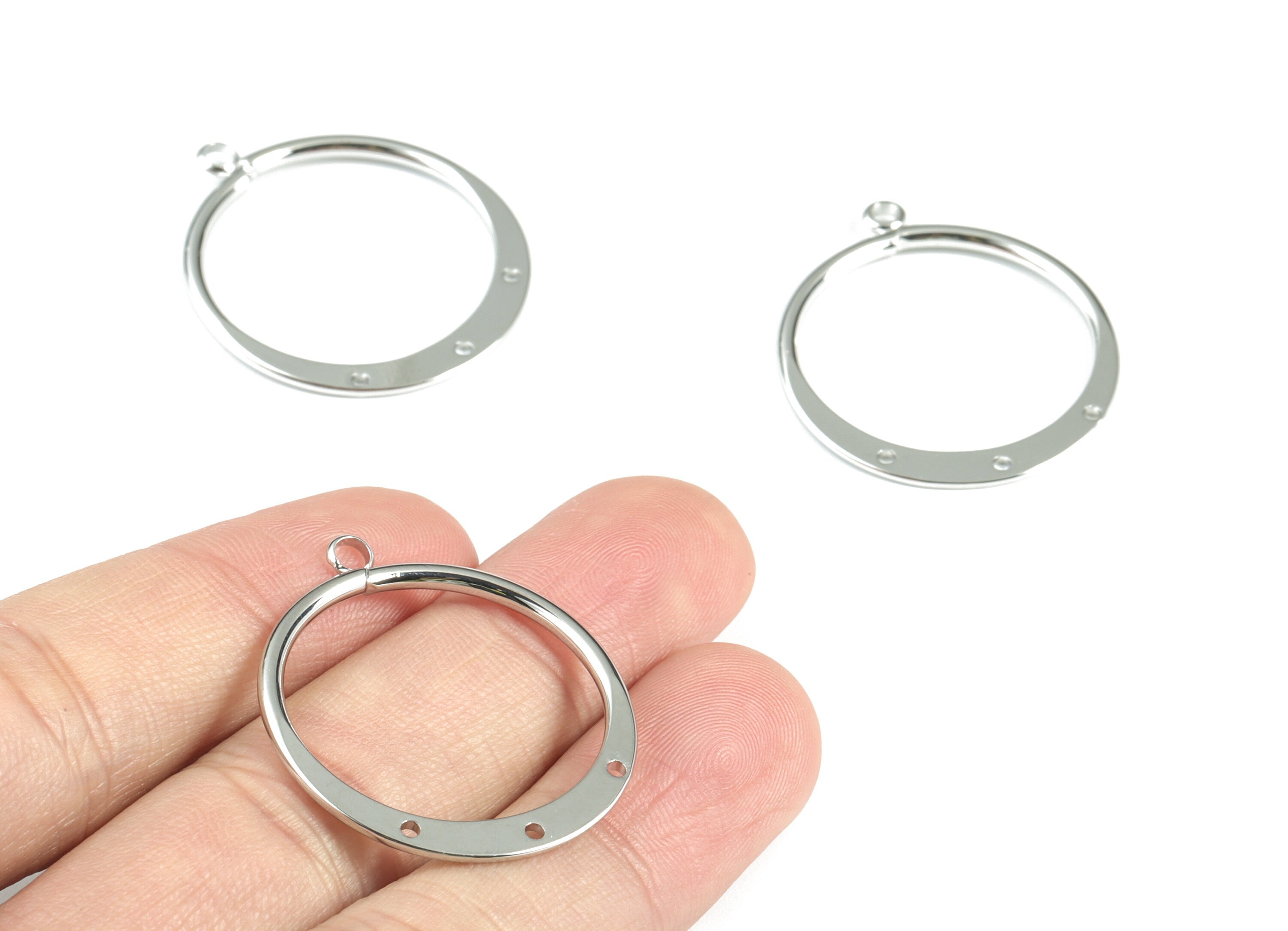 Silver Hammered Hoop Connector - 18K Real White Gold Brass Circle Earring Charms - Jewelry Supplies - 33.67x28.8x1.99mm - RGP2743S - DOMEDBAZAAR