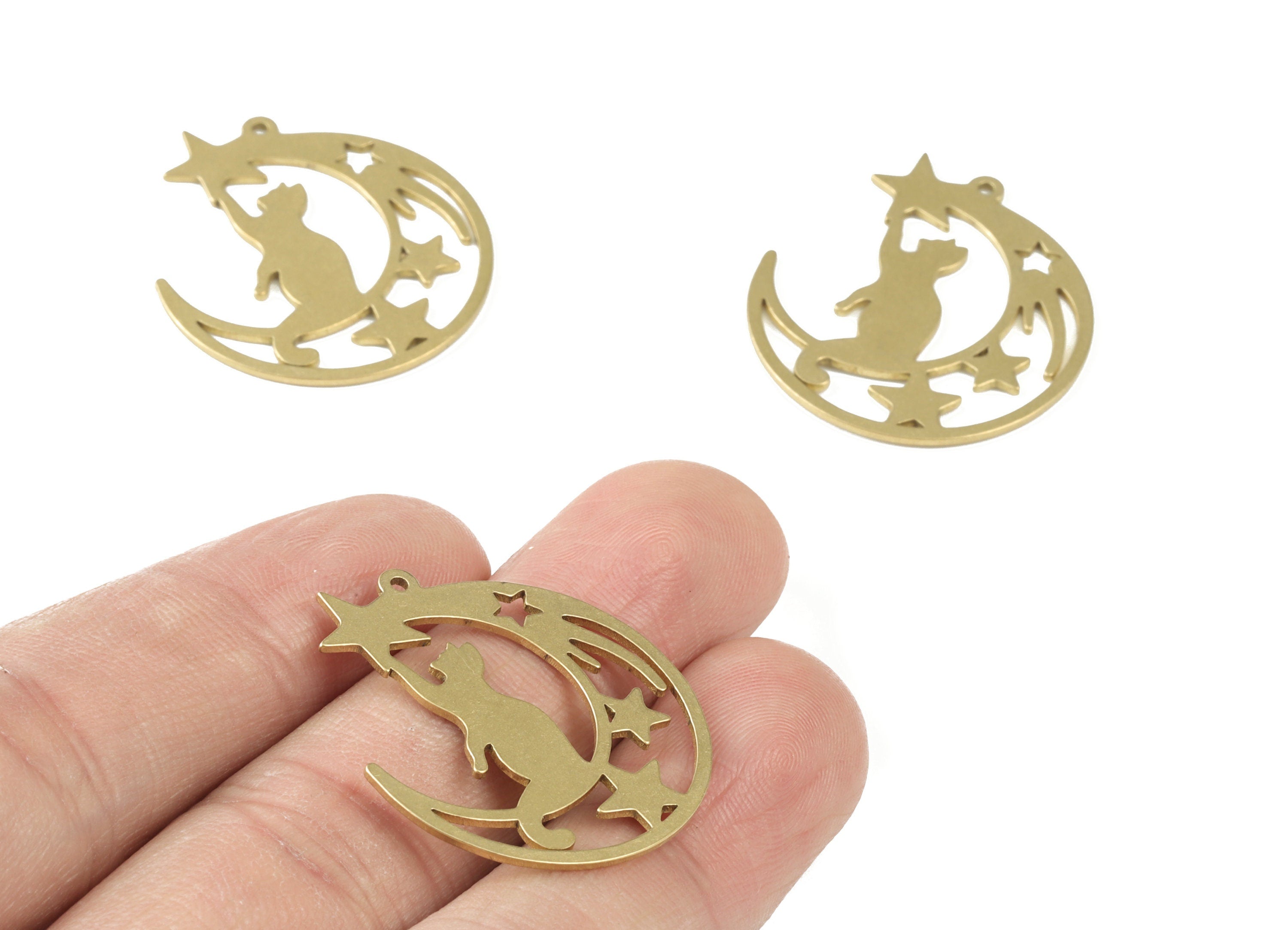 Cat Moon Star Pendant - Raw Brass Cat Moon Star Earring Charms - Jewelry Making Supplies - 29x26x0.9mm - PPM3716 - DOMEDBAZAAR