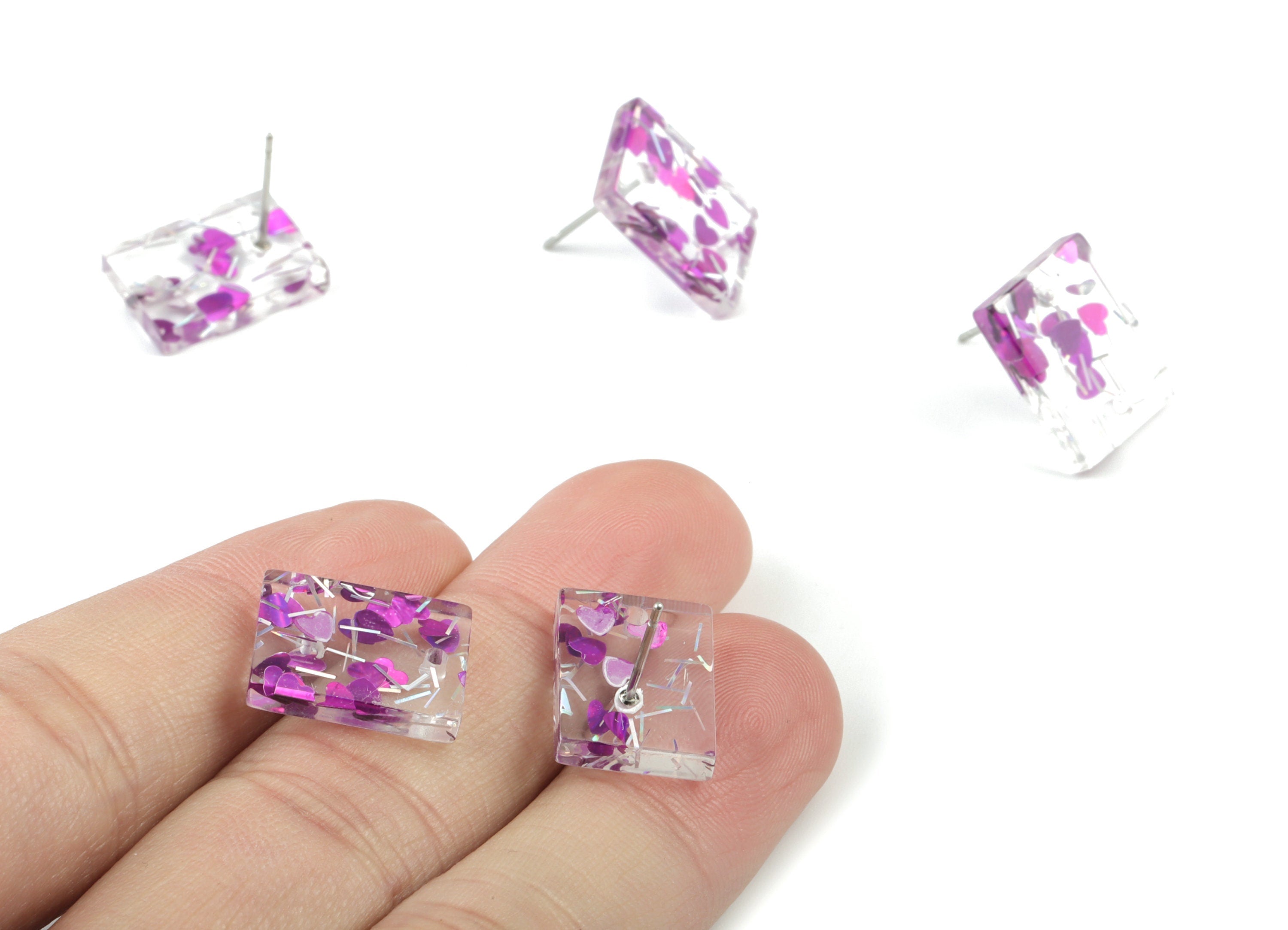 Acrylic Rectangle Earring Stud - Rectangle Earring Post - Purple Silver Foil & Confetti - Color Code: A538- 15.57x11.83x3mm - AC1663-A538 - DOMEDBAZAAR