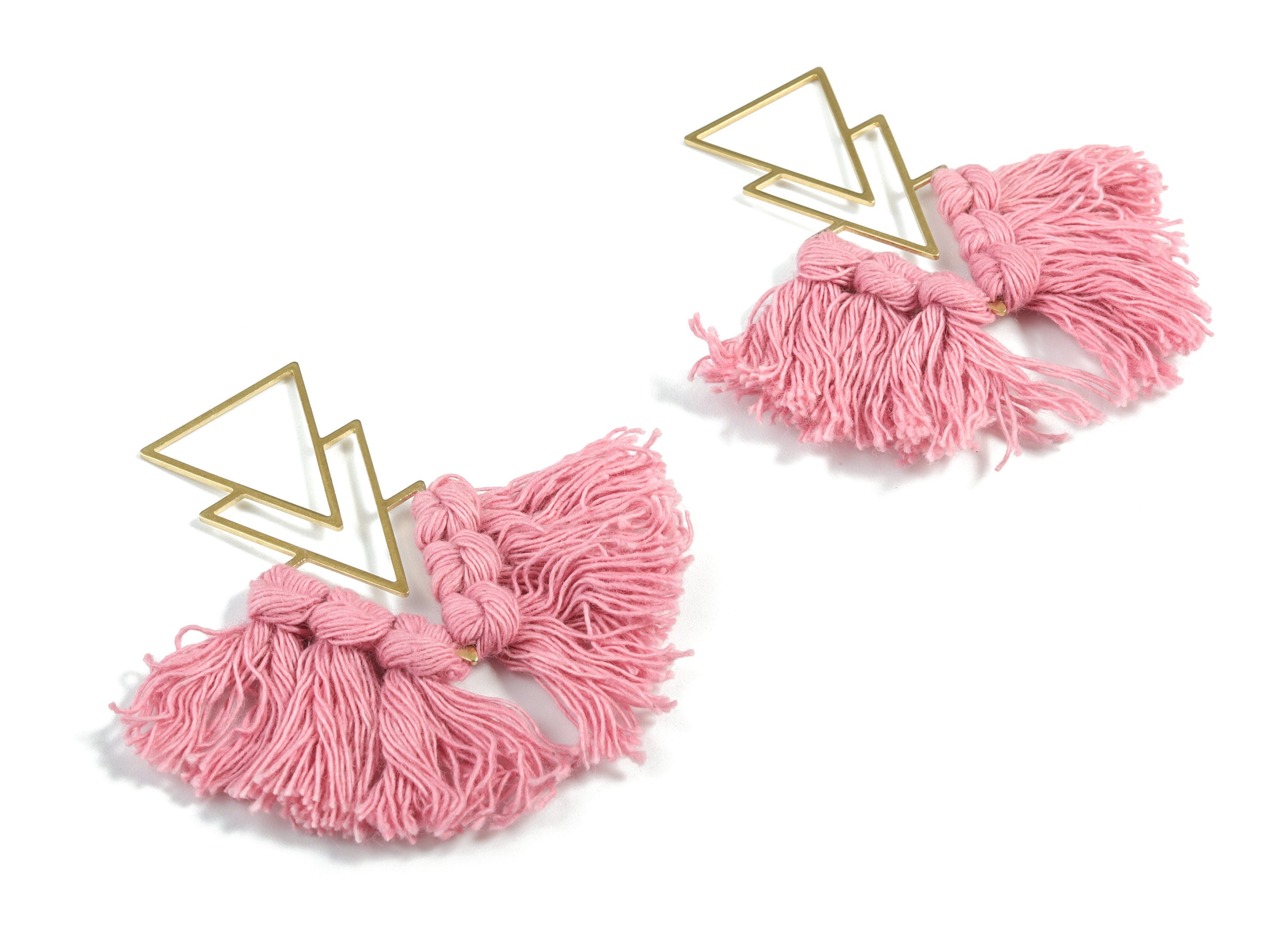 Tassel Earring Charms - Handmade Cotton Cream Macrame Earrings - Raw Brass Triangles Fringe Earrings - 66.83x21.44x4.03mm - TS1168B - DOMEDBAZAAR