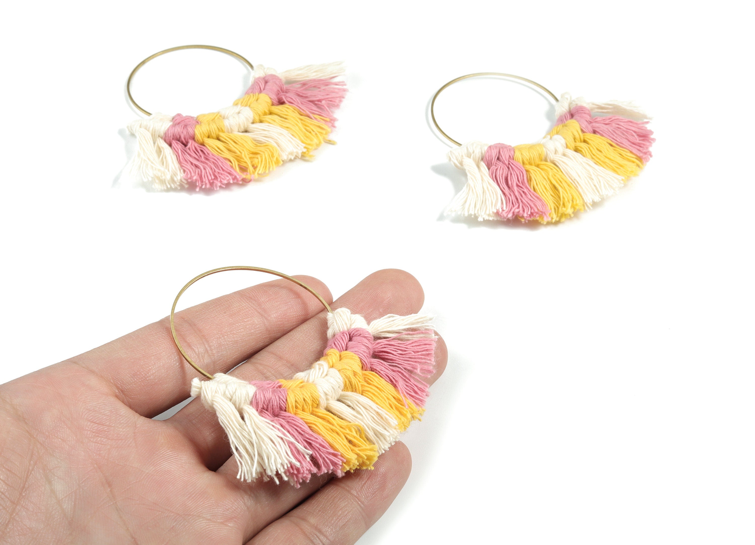Tassel Earring Charms - Handmade Cotton Yellow Macrame Earrings - Raw Brass Hoop Fringe Earrings - luxe Fan Tassel - 67.5x46.4x5mm - TS1171D - DOMEDBAZAAR