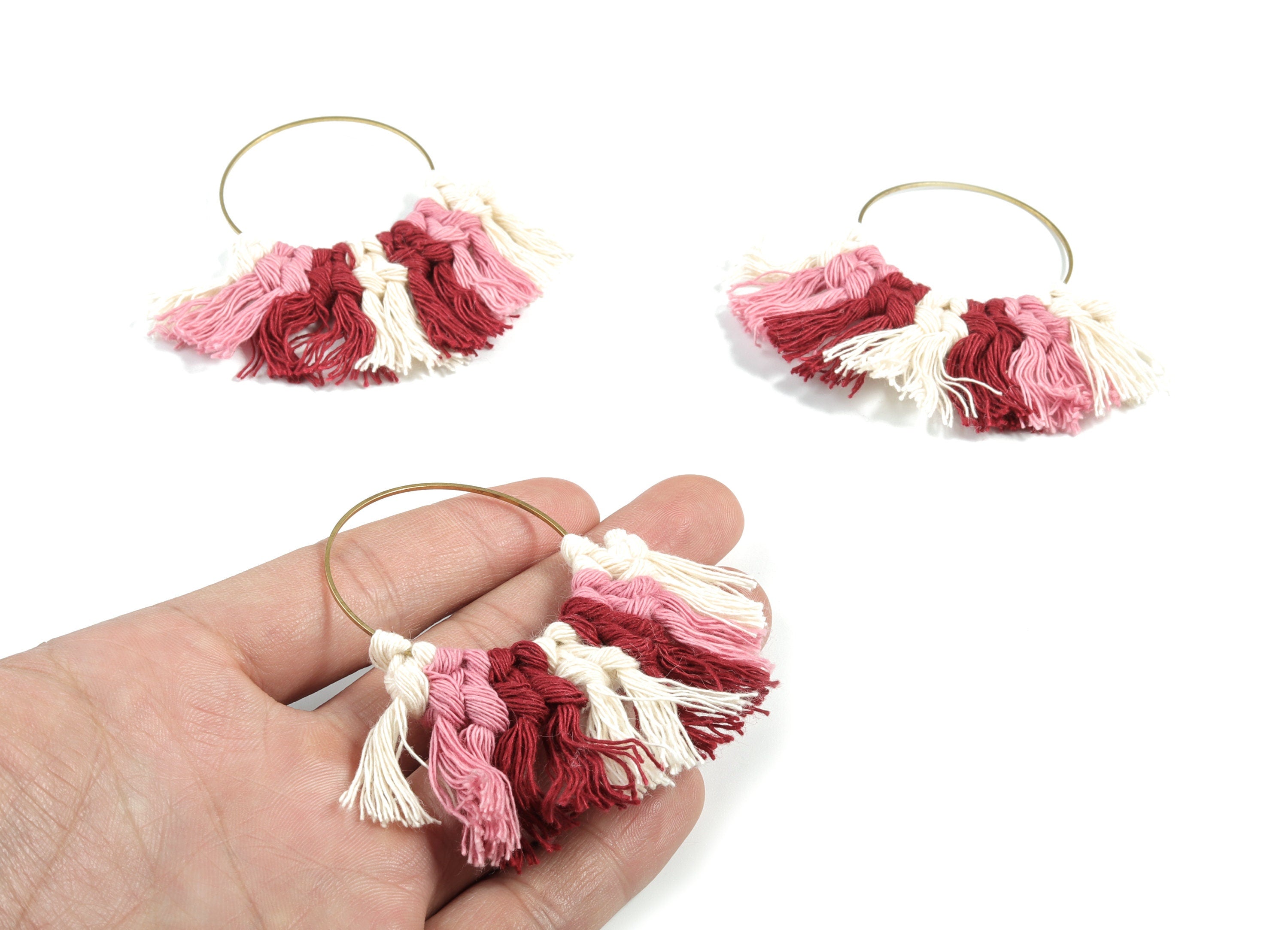 Tassel Earring Charms - Handmade Cotton Pink Macrame Earrings - Raw Brass Hoop Fringe Earrings - luxe Fan Tassel - 67.5x46.4x5mm - TS1171C - DOMEDBAZAAR