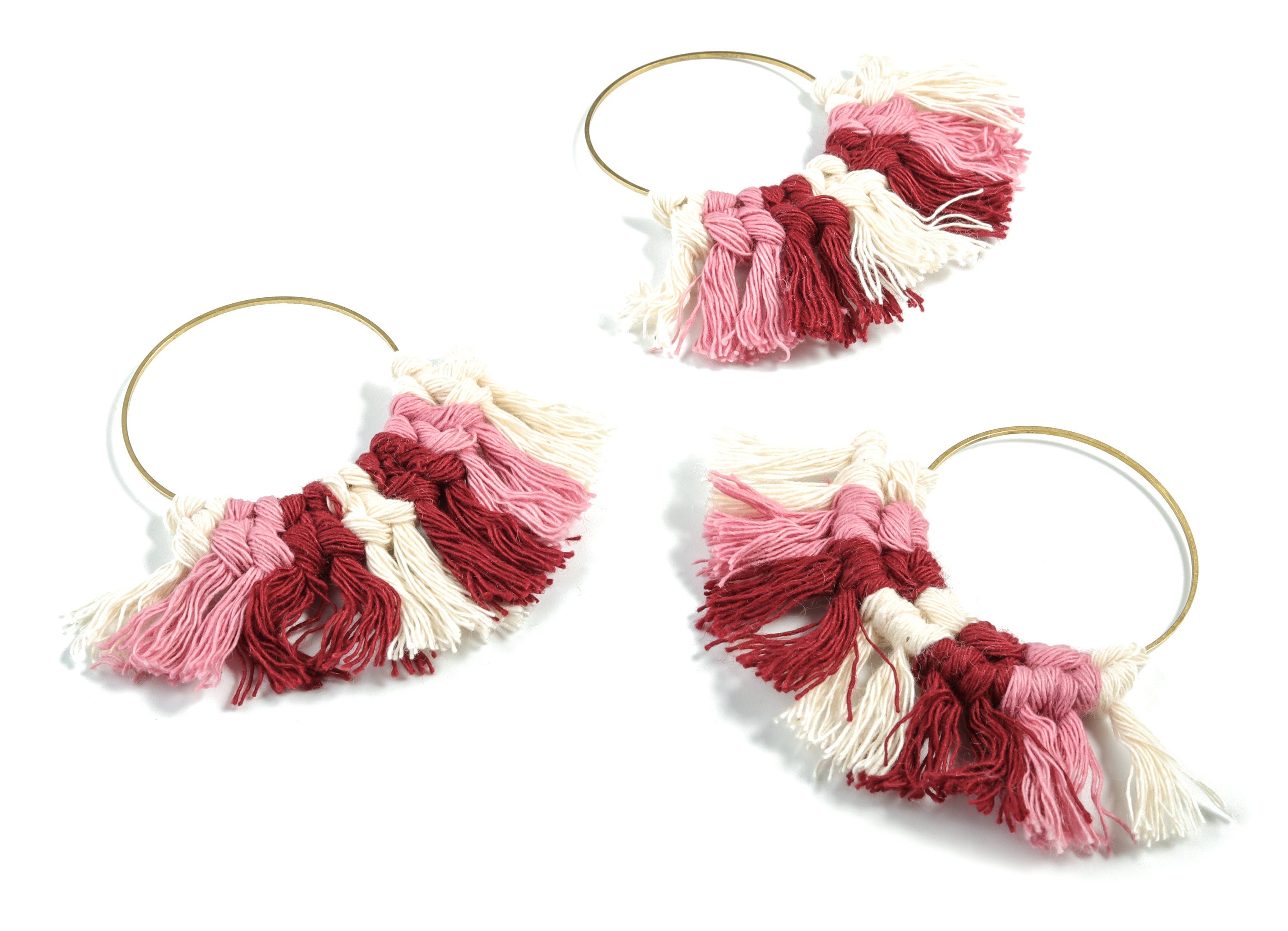 Tassel Earring Charms - Handmade Cotton Pink Macrame Earrings - Raw Brass Hoop Fringe Earrings - luxe Fan Tassel - 67.5x46.4x5mm - TS1171C - DOMEDBAZAAR