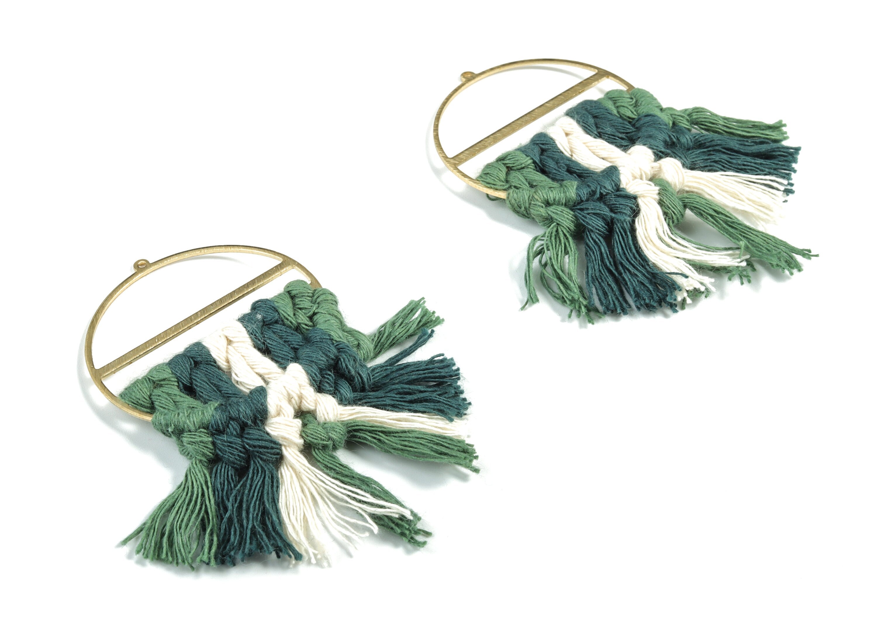 Tassel Earring Charms - Handmade Cotton Green Macrame Earrings - Raw Brass Round Fringe Earrings - luxe Fan Tassel - 76.89x43x5mm - TS1172C - DOMEDBAZAAR