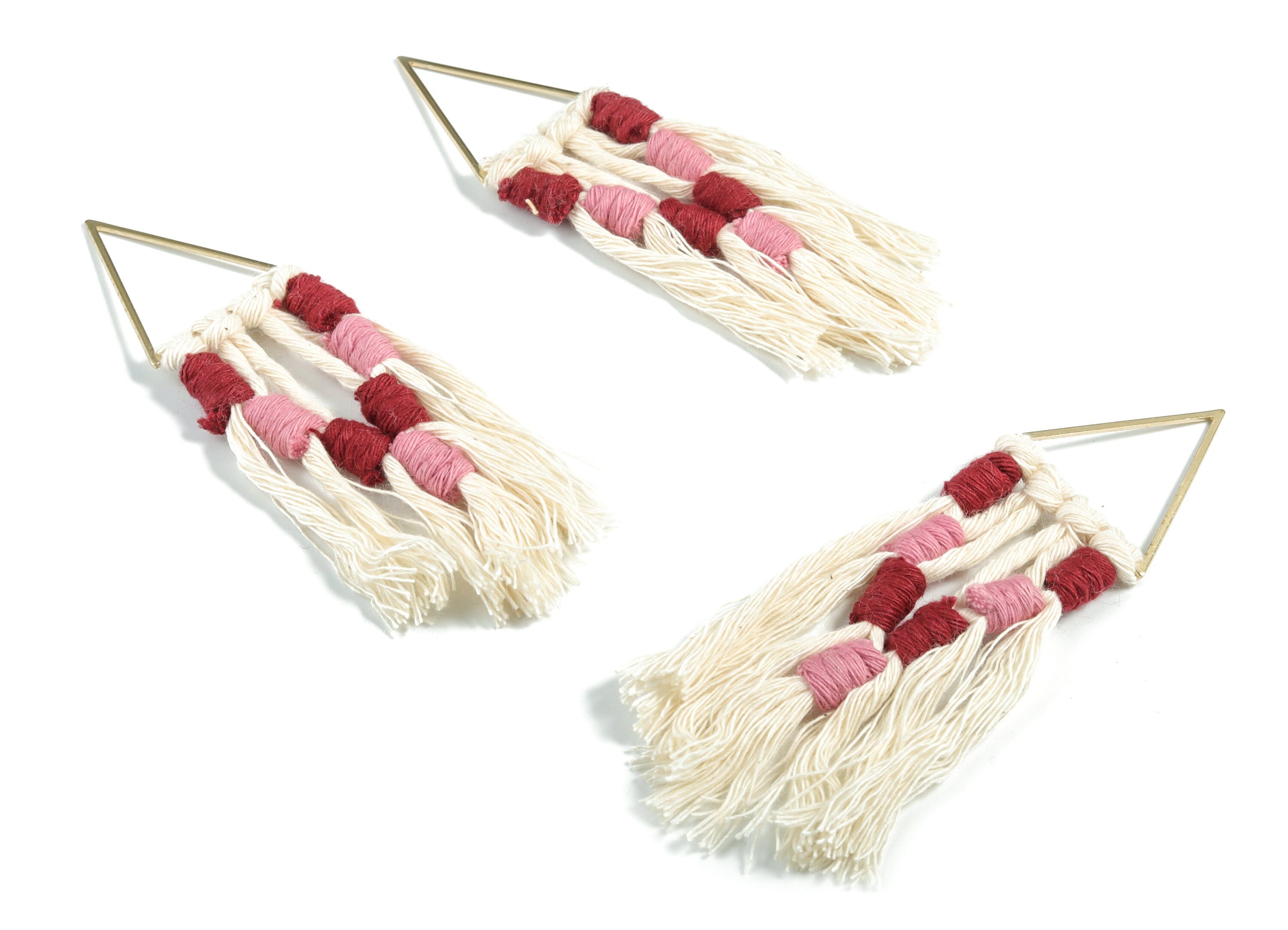 Tassel Earring Charms - Handmade Cotton Pink Macrame Earrings - Raw Brass Triangle Fringe Earrings - 112.04x30.29x3.39mm - TS1170C - DOMEDBAZAAR