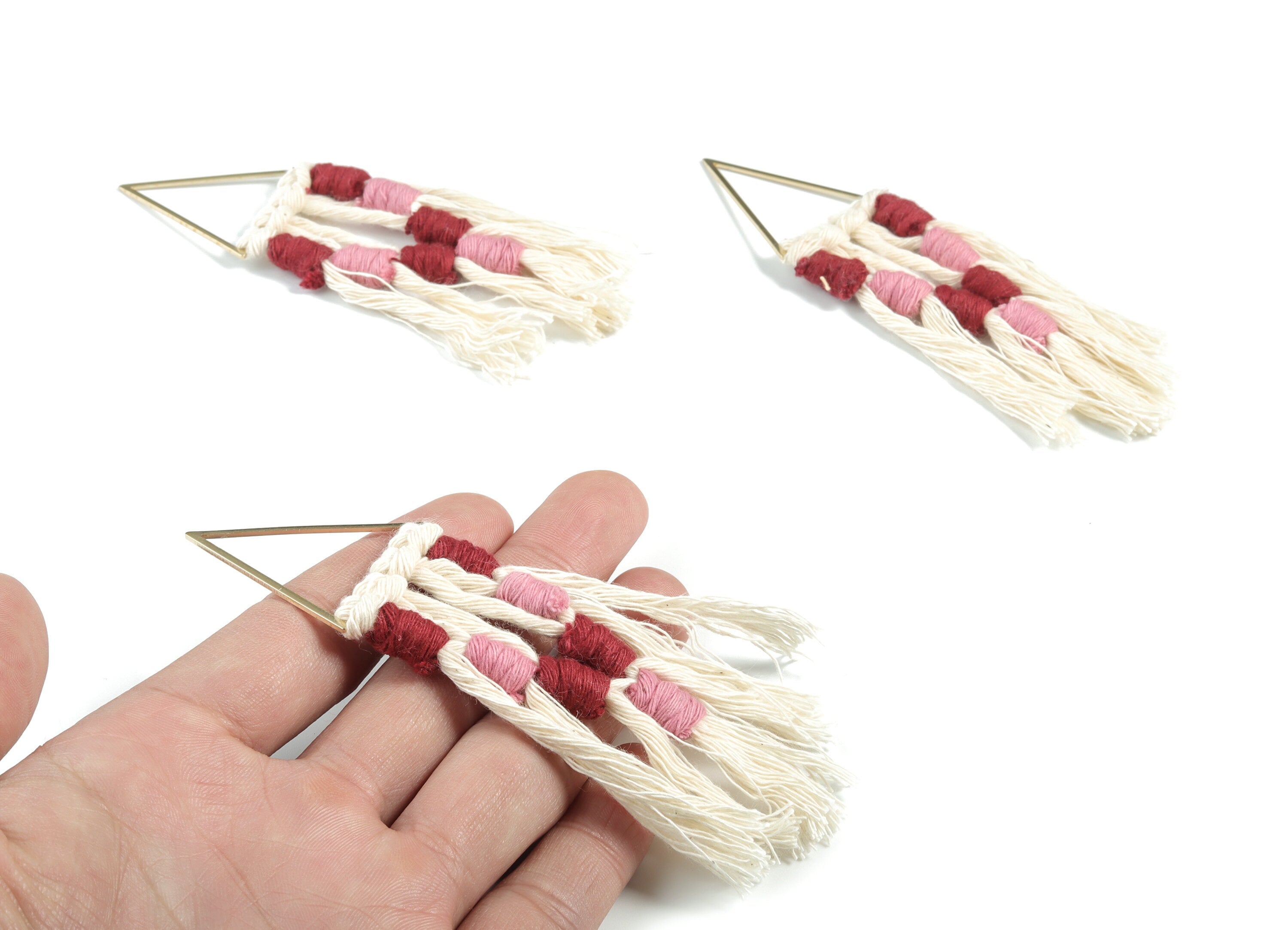 Tassel Earring Charms - Handmade Cotton Pink Macrame Earrings - Raw Brass Triangle Fringe Earrings - 112.04x30.29x3.39mm - TS1170C - DOMEDBAZAAR
