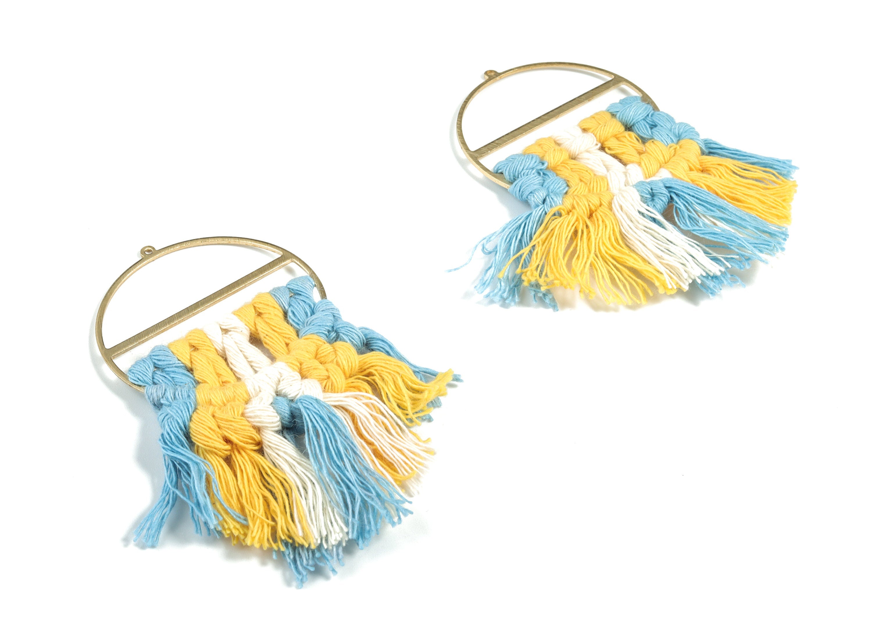 Tassel Earring Charms - Handmade Cotton Blue Macrame Earrings - Raw Brass Round Fringe Earrings - luxe Fan Tassel - 76.89x43x5mm - TS1172B - DOMEDBAZAAR