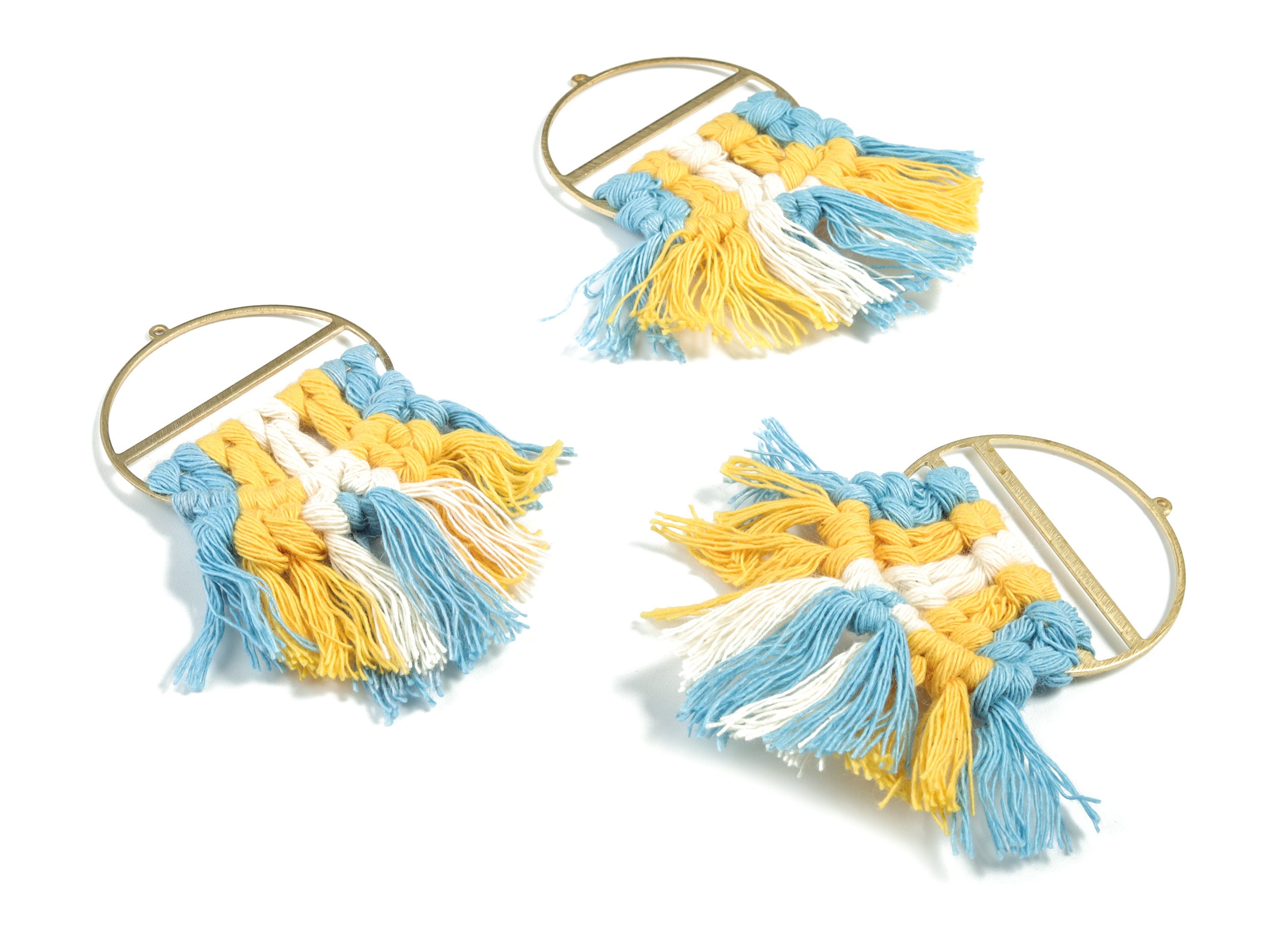 Tassel Earring Charms - Handmade Cotton Blue Macrame Earrings - Raw Brass Round Fringe Earrings - luxe Fan Tassel - 76.89x43x5mm - TS1172B - DOMEDBAZAAR