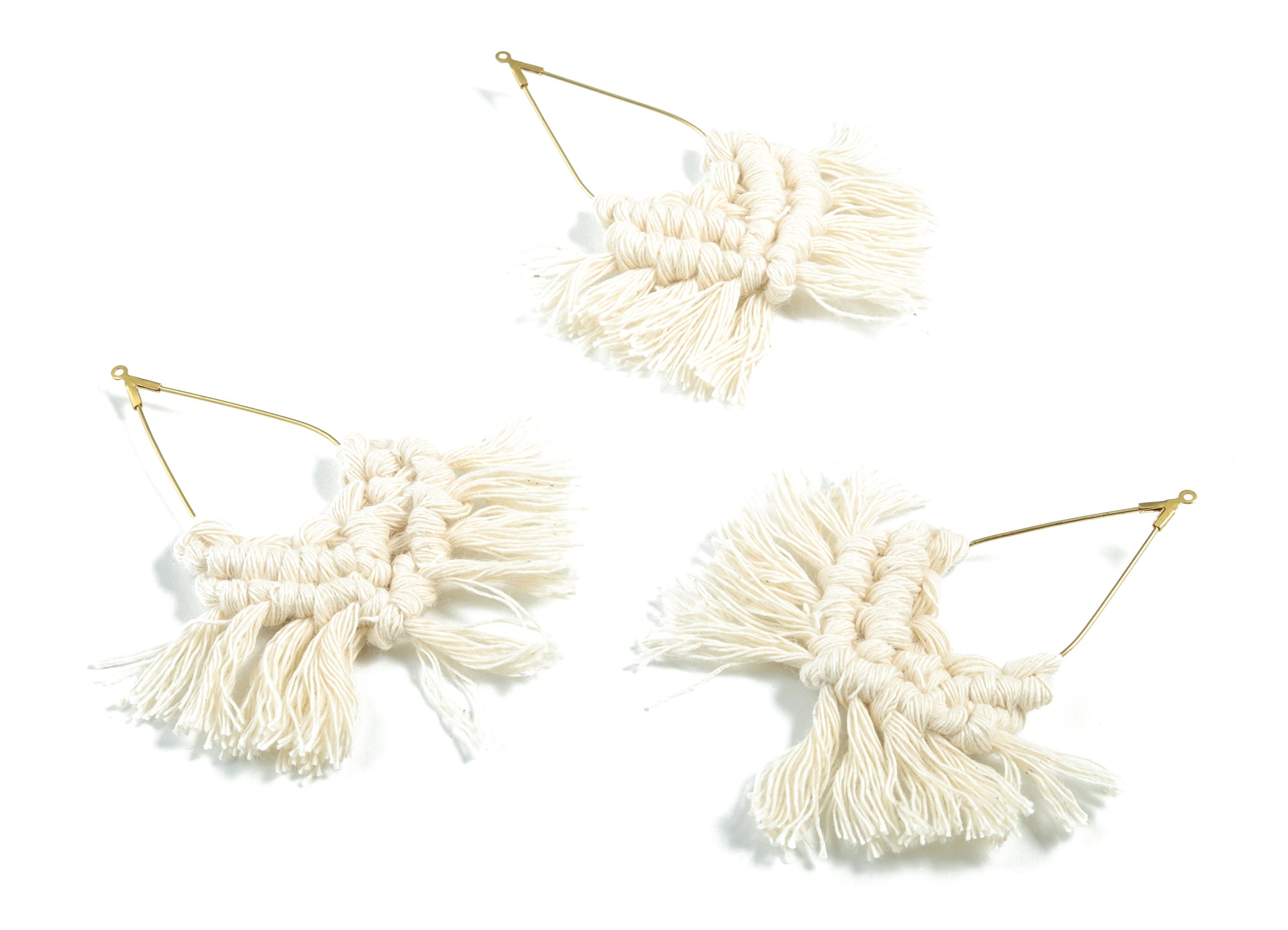Tassel Earring Charms - Handmade Cotton Cream Macrame Earrings - Raw Brass Drop Fringe Earrings - luxe Fan tassel - 83x42.63x6.3mm - TS1169A - DOMEDBAZAAR