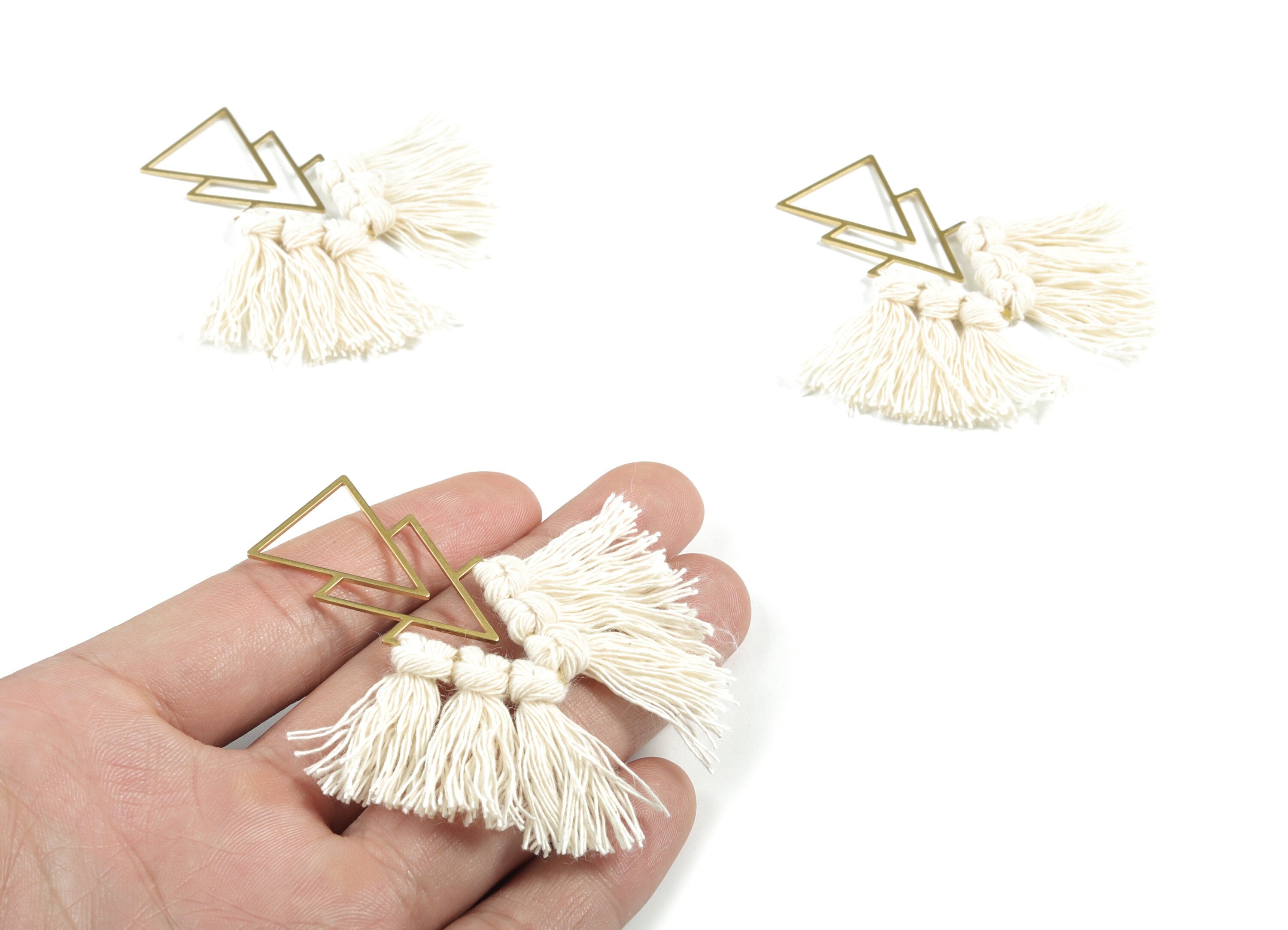 Tassel Earring Charms - Handmade Cotton Cream Macrame Earrings - Raw Brass Triangles Fringe Earrings - 66.83x21.44x4.03mm - TS1168A - DOMEDBAZAAR