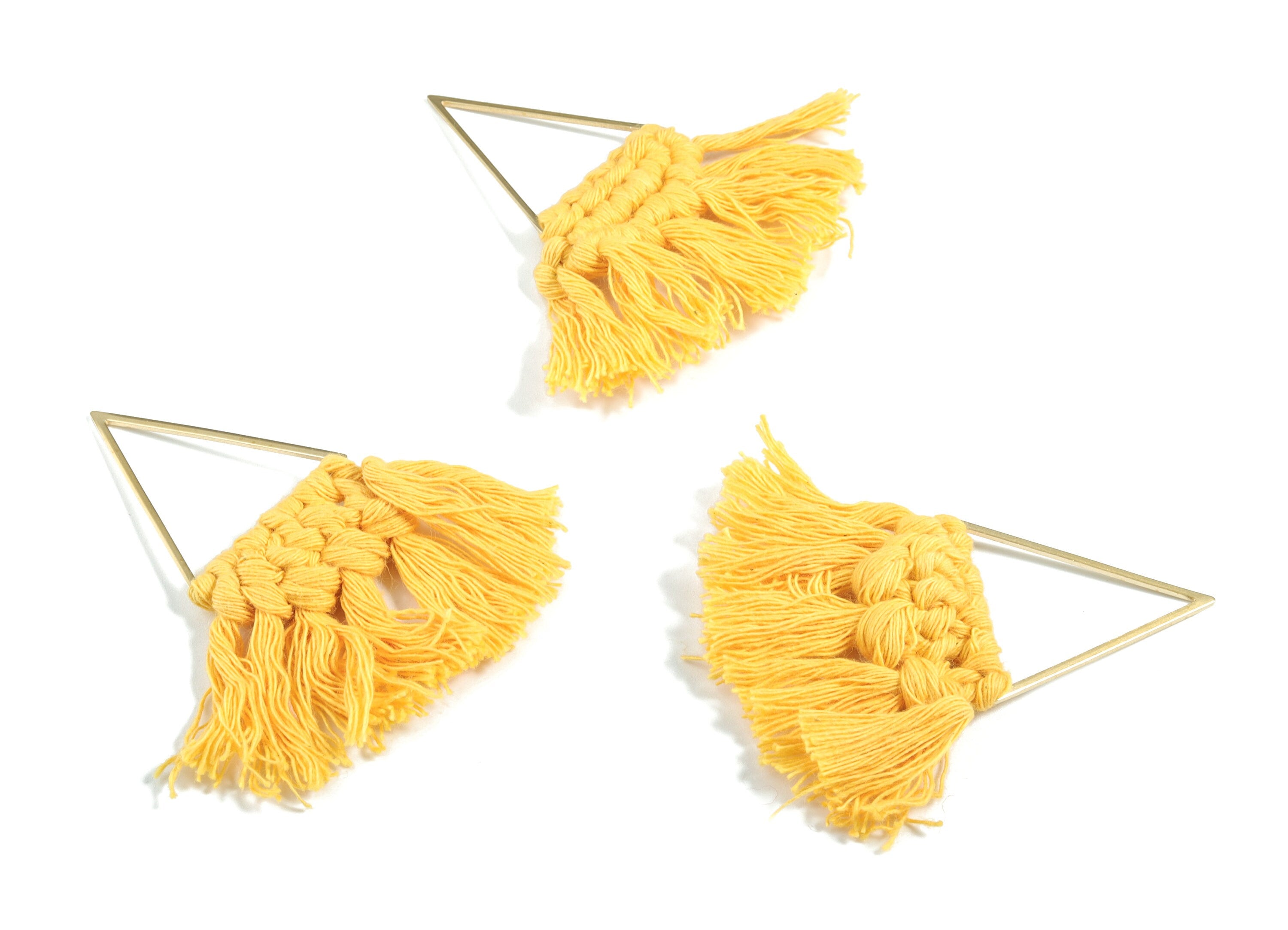 Tassel Earring Charms - Handmade Cotton Yellow Macrame Earrings - Raw Brass Triangle Fringe Earrings - Luxe Fan Tassel - 71x31x7mm - TS1173C - DOMEDBAZAAR