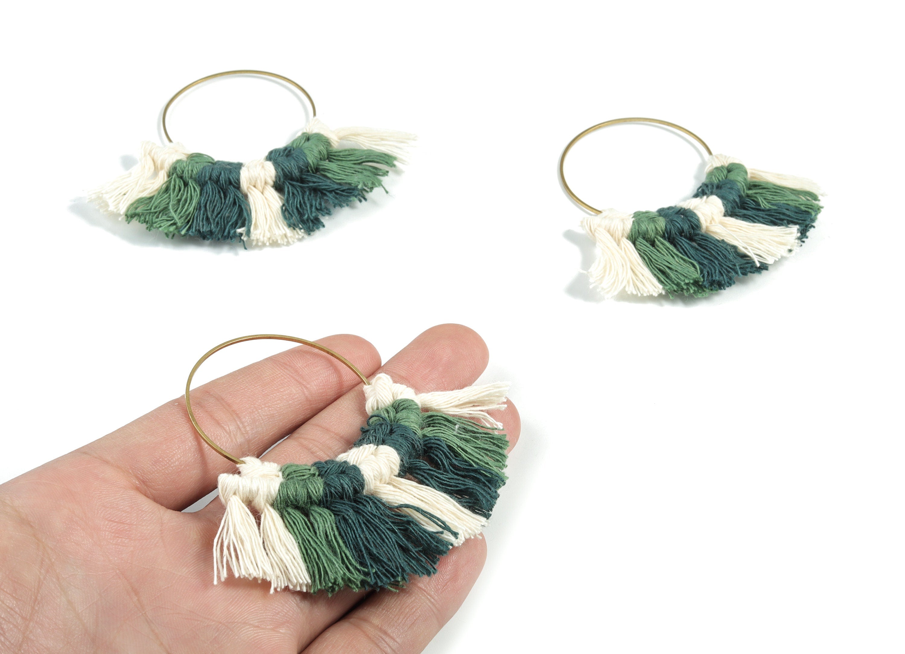 Tassel Earring Charms - Handmade Cotton Green Macrame Earrings - Raw Brass Hoop Fringe Earrings - Luxe Fan Tassel - 67.5x46.4x5mm - TS1171A - DOMEDBAZAAR