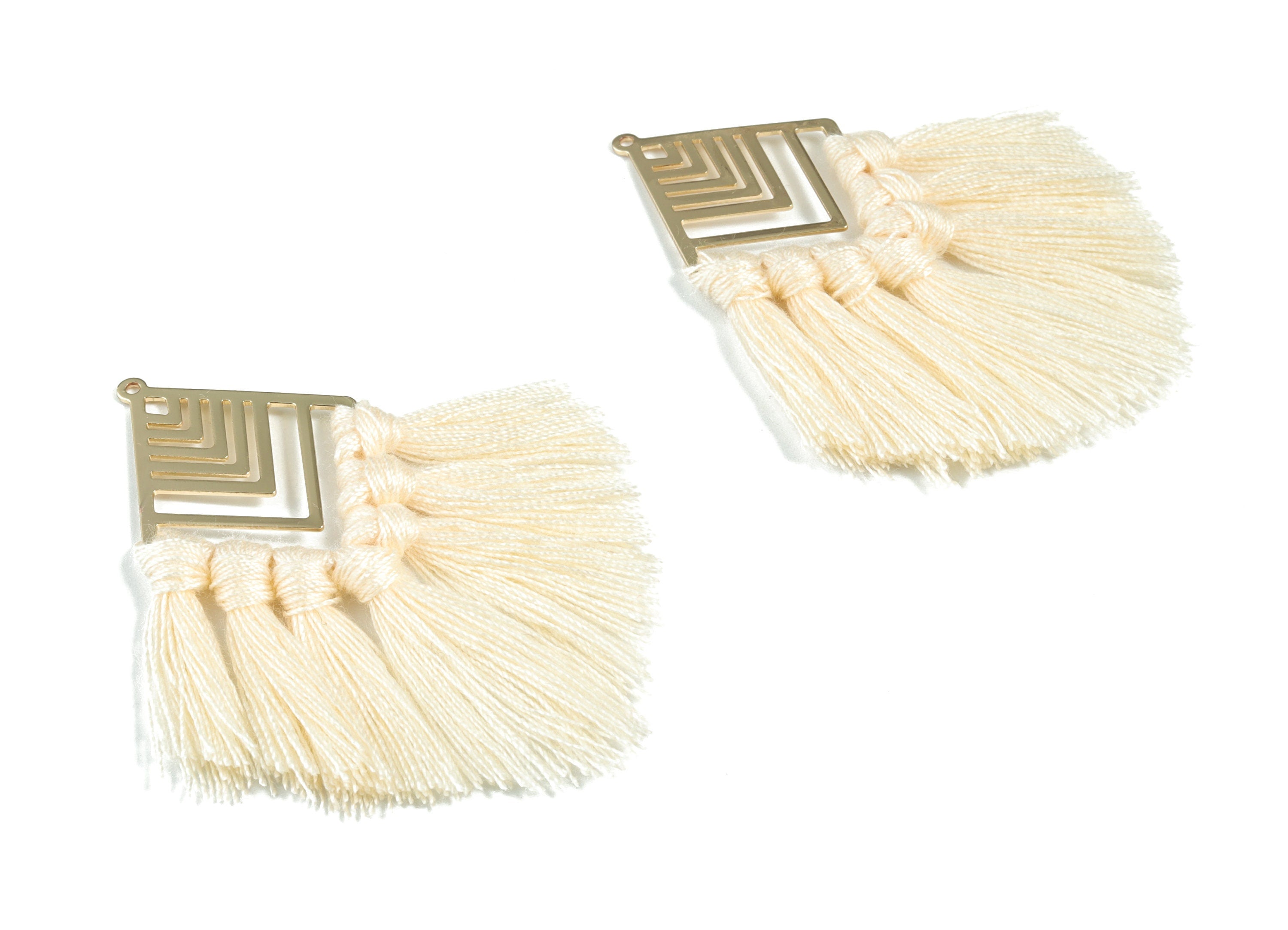 Kite Tassel Earring Charms - KC Gold Tone Plated Rhombus Brass Cotton Cream Tassels - Fringe Tassel - 74.27x29.7x2.79mm - TSM1928A - DOMEDBAZAAR