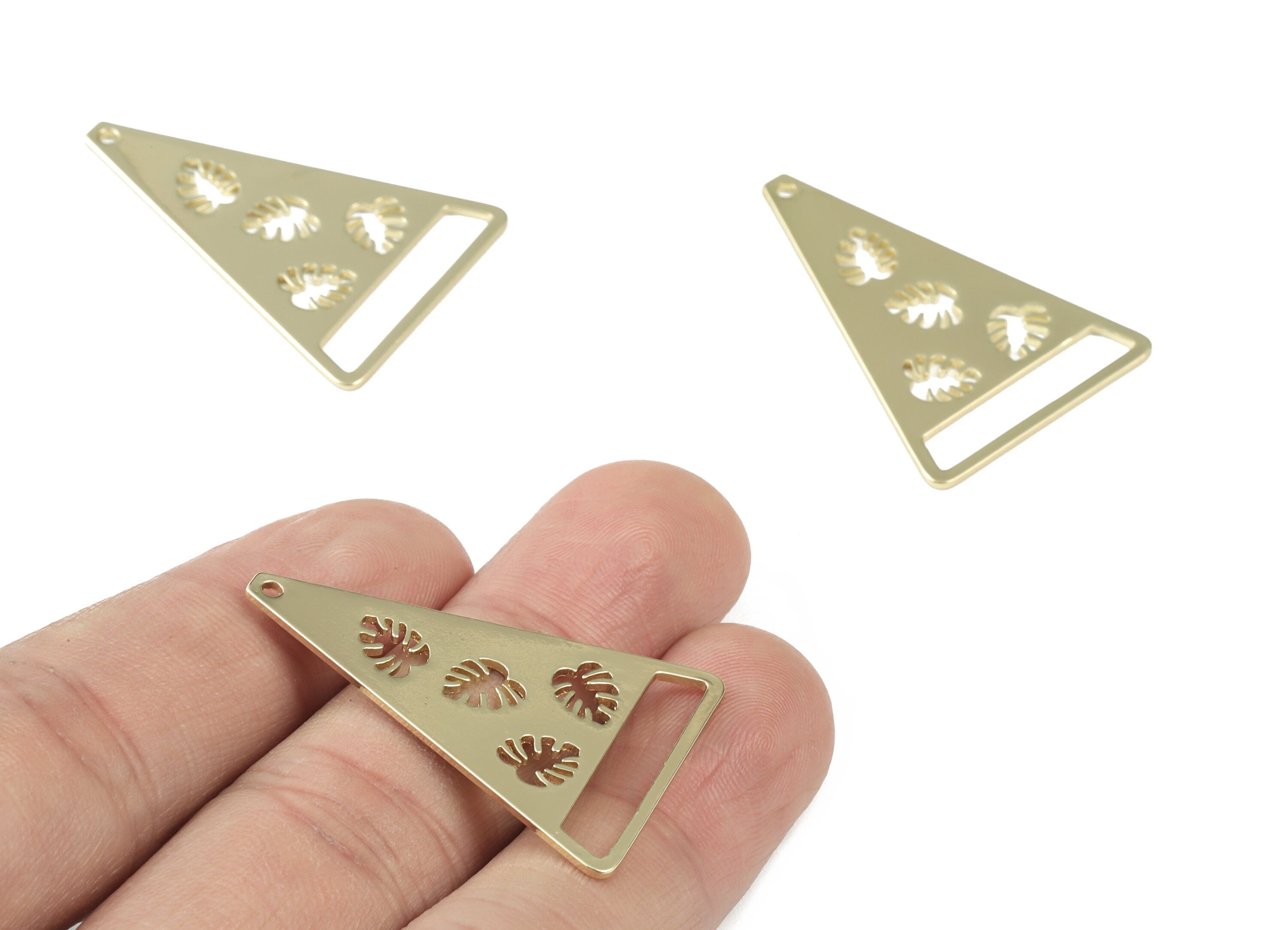 Gold Monsteras Triangle Earring Connector - Gold Tone Plated Brass Triangle Monstera Charms - Jewelry Supplies - 35x24x0.9mm - PPM3084G - DOMEDBAZAAR