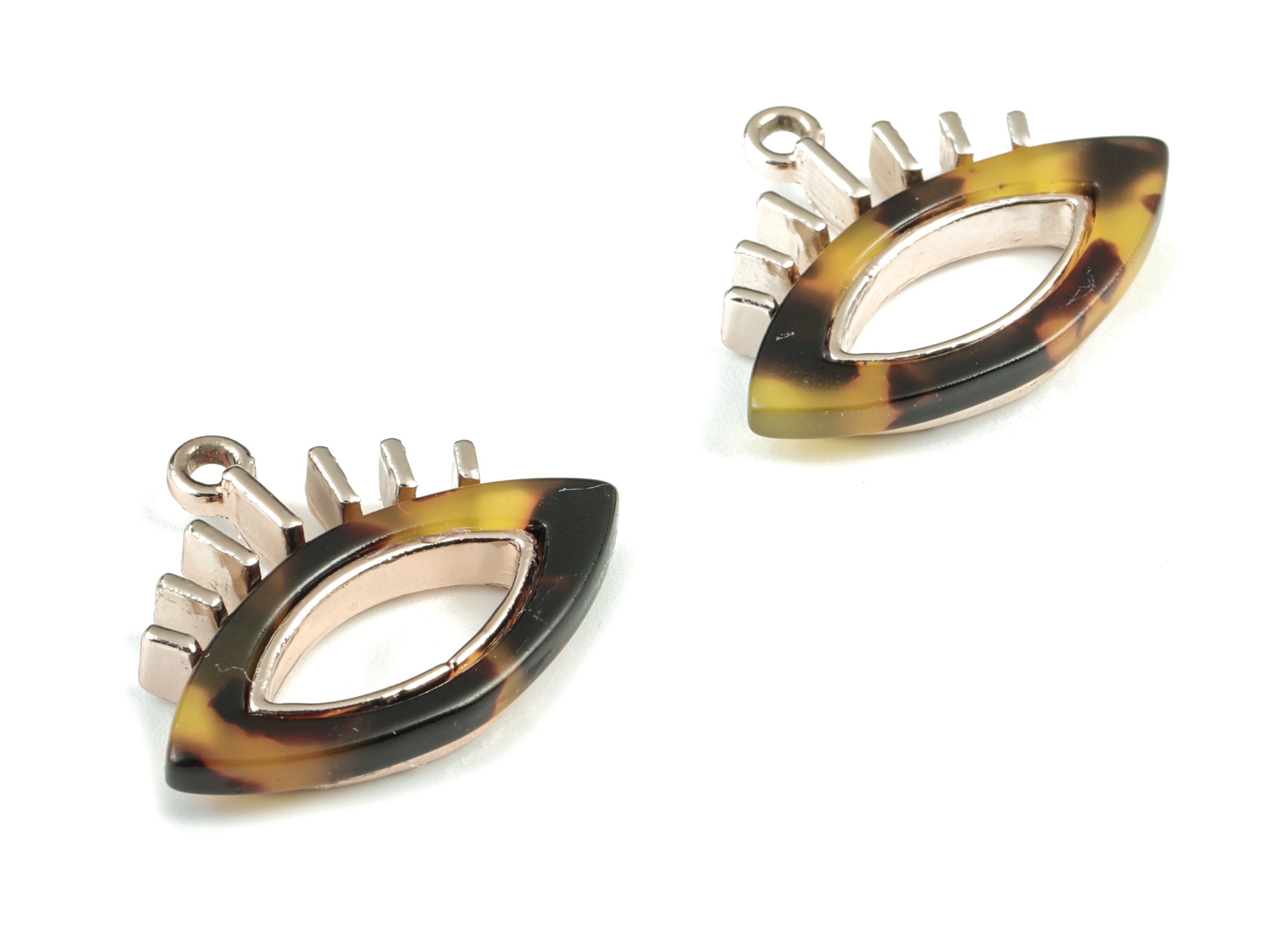 Eyelash Earring Charms - Tortoise Shell Acetate Eye Charms - Rose Tone Plated Alloy Eye Charms - 28x22x4mm - AC1846-A02R - DOMEDBAZAAR
