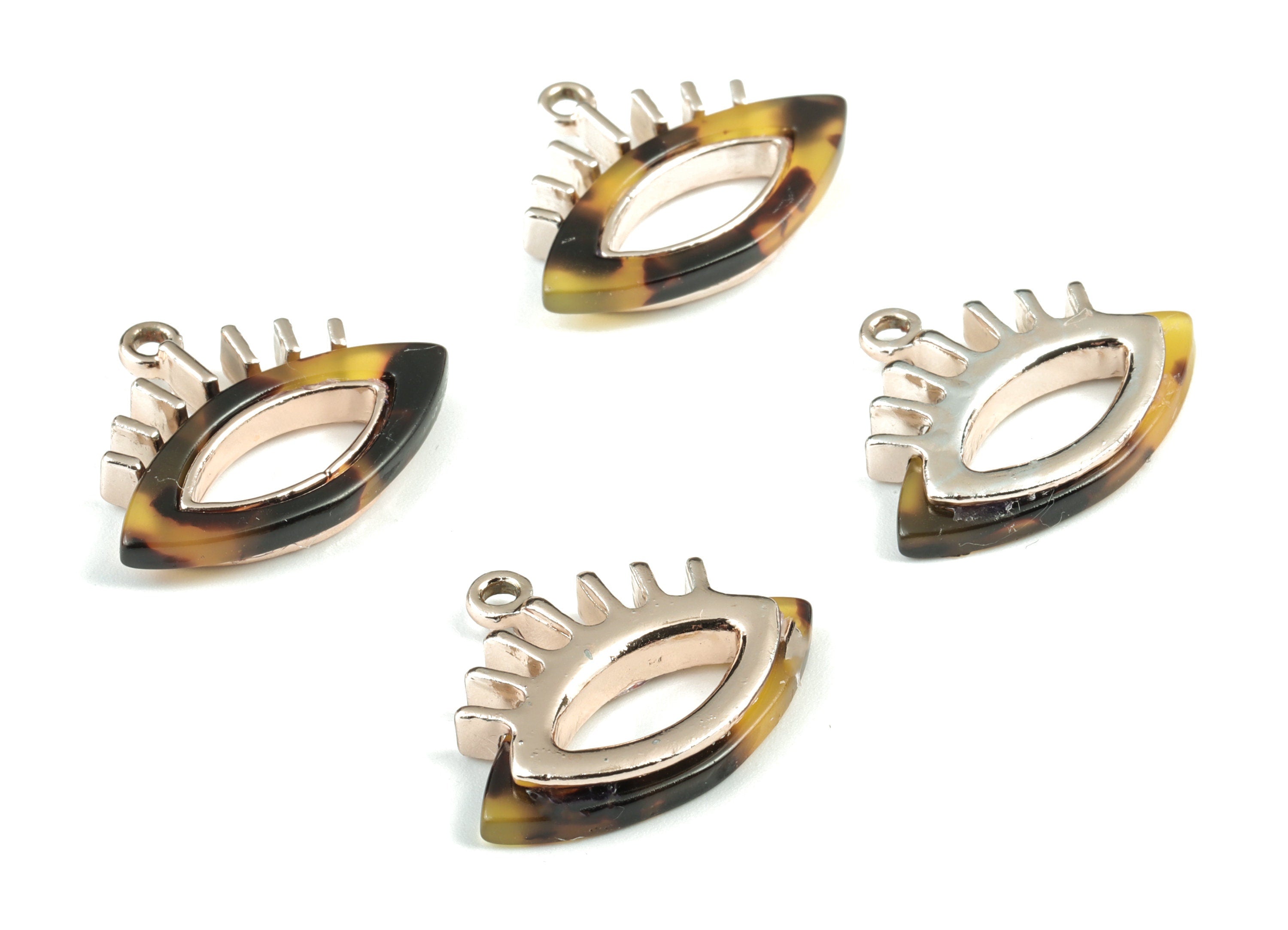 Eyelash Earring Charms - Tortoise Shell Acetate Eye Charms - Rose Tone Plated Alloy Eye Charms - 28x22x4mm - AC1846-A02R - DOMEDBAZAAR