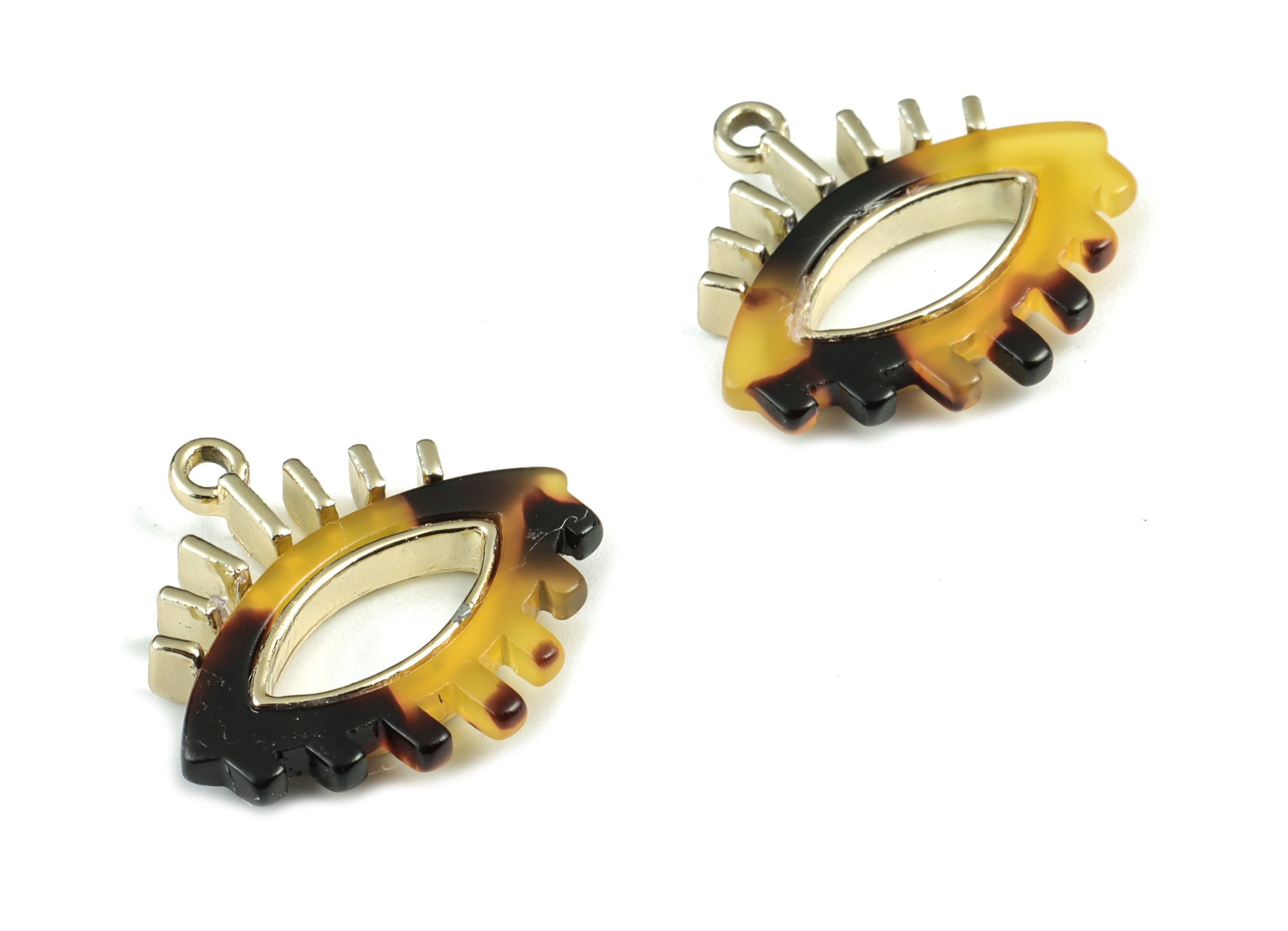 Eyelash Earring Charms - Tortoise Shell Acetate Eye Charms - Gold Tone Plated Alloy Eye Charms - 27x26x4mm - AC1847-A02G - DOMEDBAZAAR