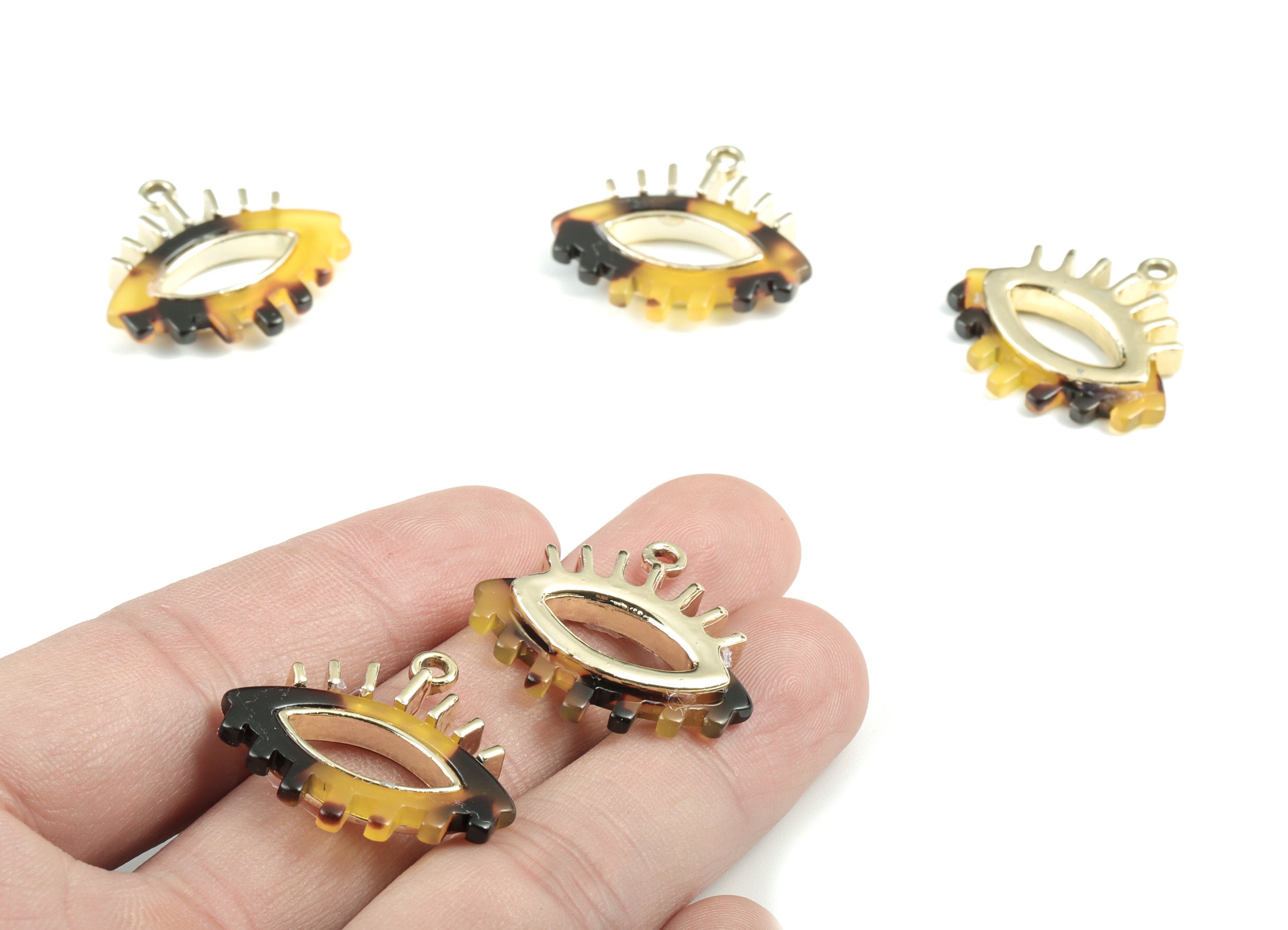 Eyelash Earring Charms - Tortoise Shell Acetate Eye Charms - Gold Tone Plated Alloy Eye Charms - 27x26x4mm - AC1847-A02G - DOMEDBAZAAR