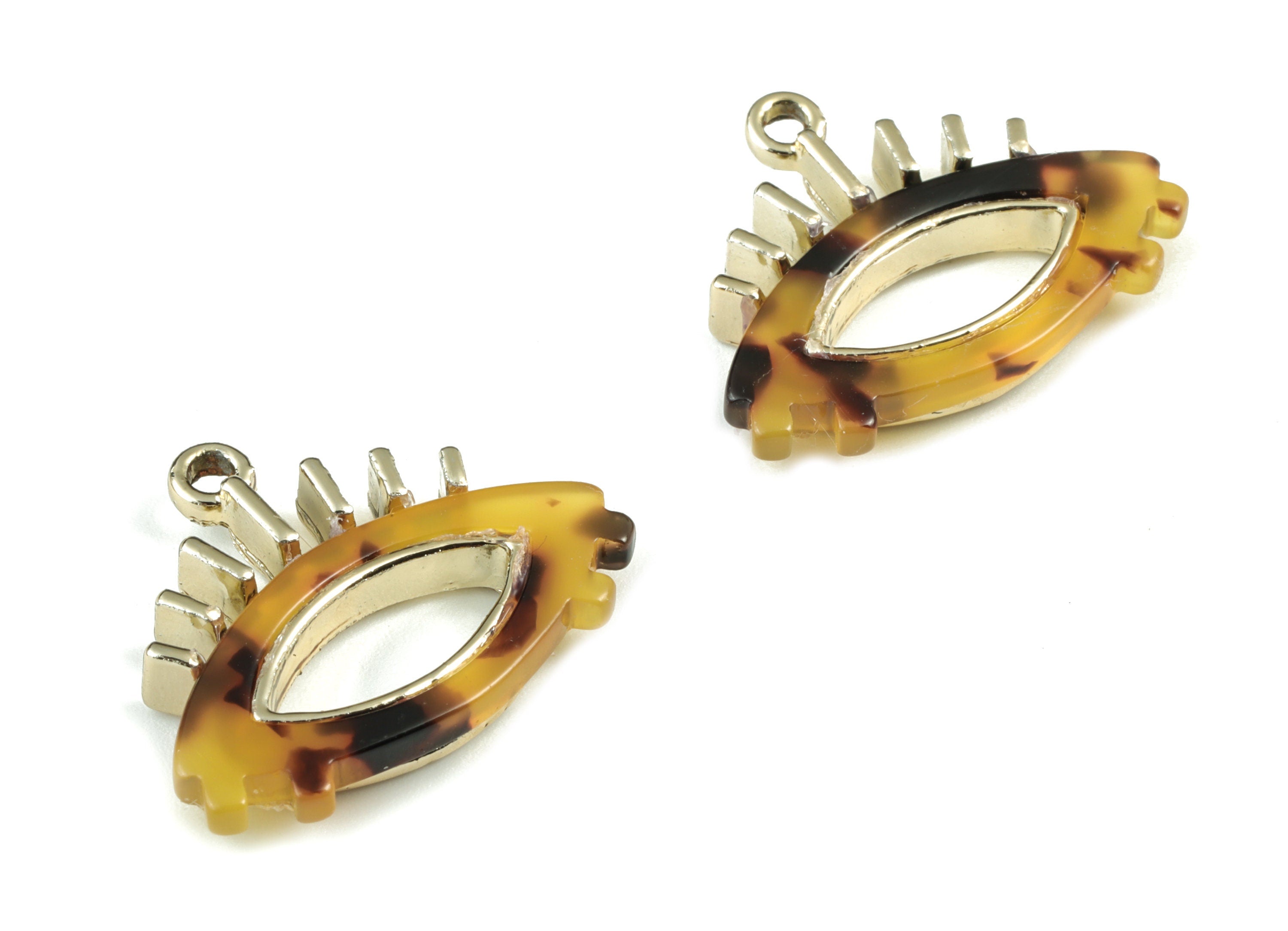 Eyelash Earring Charms - Tortoise Shell Acetate Eye Charms - Gold Tone Plated Alloy Eye Charms - 27x22x4mm - AC1848-A02G - DOMEDBAZAAR