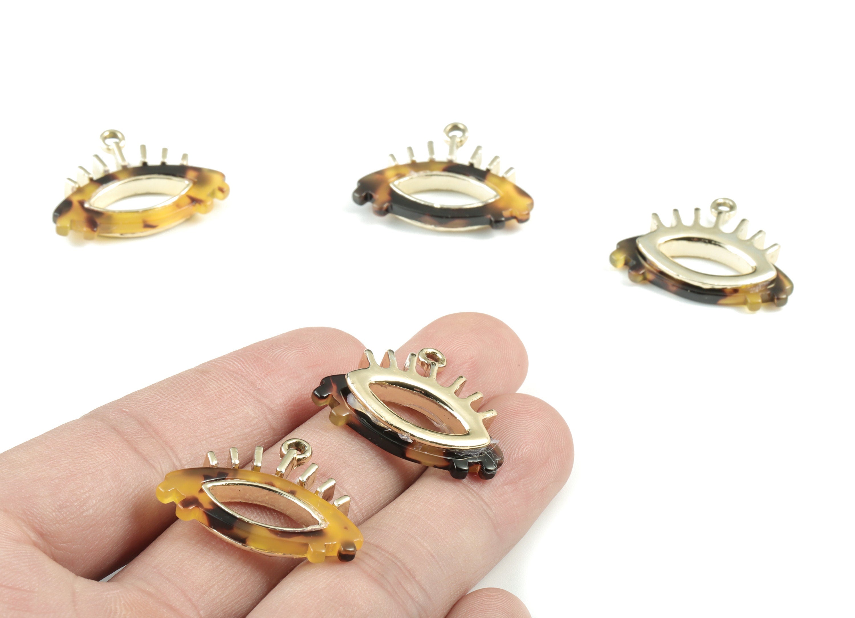 Eyelash Earring Charms - Tortoise Shell Acetate Eye Charms - Gold Tone Plated Alloy Eye Charms - 27x22x4mm - AC1848-A02G - DOMEDBAZAAR