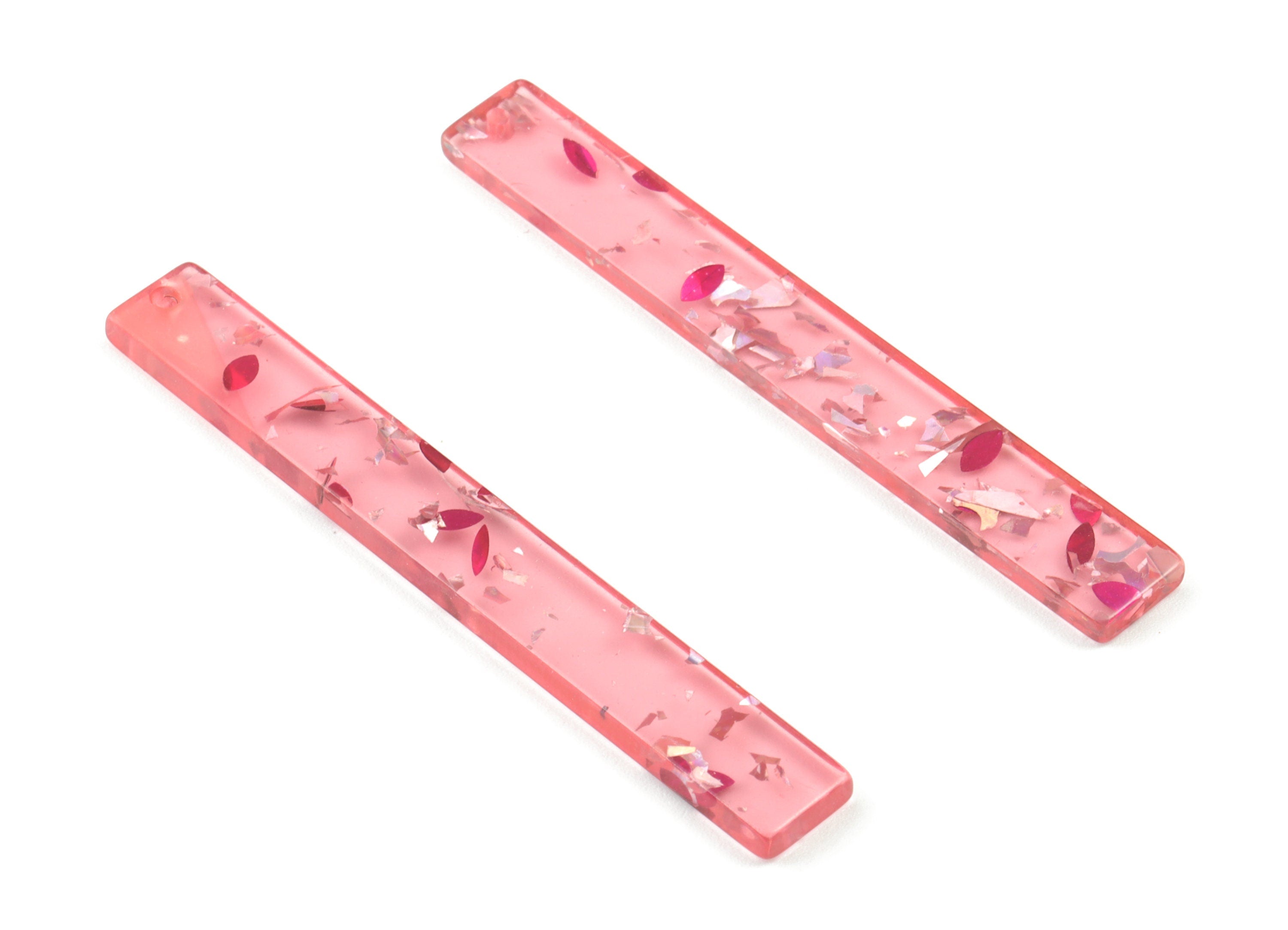 Acrylic Long Stick Earring Charms - Long Rectangle Pendant - Red Silver Foil & Confetti - Color Code: A437 - 59.83x7.79x2.8mm - AC1049-A437 - DOMEDBAZAAR