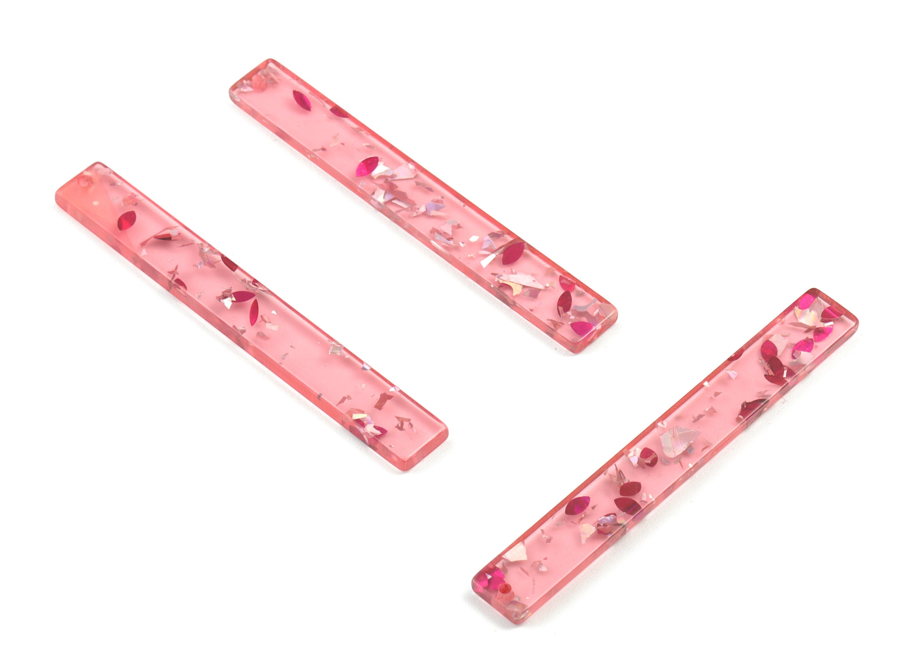 Acrylic Long Stick Earring Charms - Long Rectangle Pendant - Red Silver Foil & Confetti - Color Code: A437 - 59.83x7.79x2.8mm - AC1049-A437 - DOMEDBAZAAR