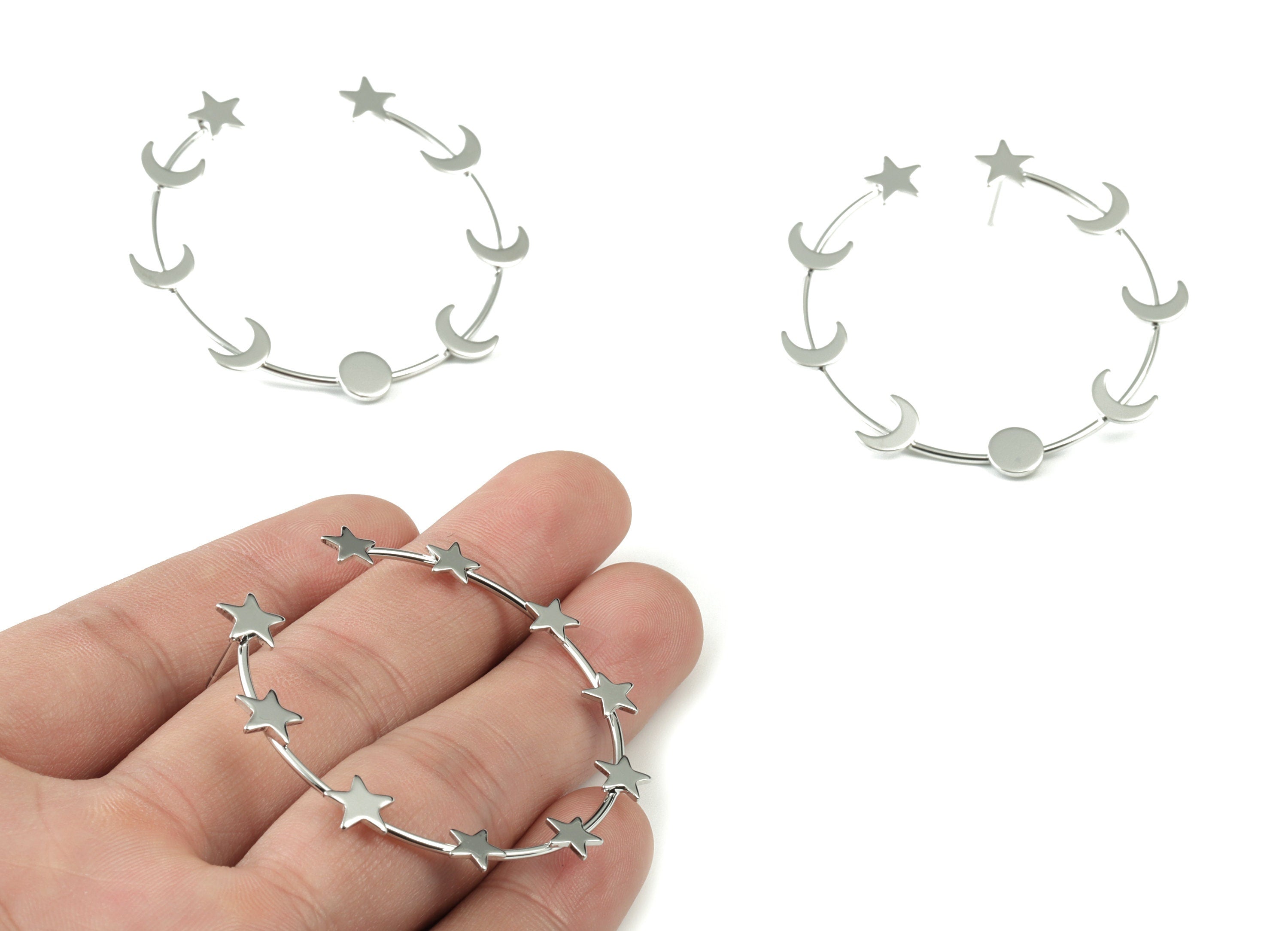 Silver Stars Hoop Stud Earring - 18K Real White Gold Brass Open Hoop Crescent Earring Post - Surgical Stud - 50.65x8.23x2.18mm - RGP2754S - DOMEDBAZAAR