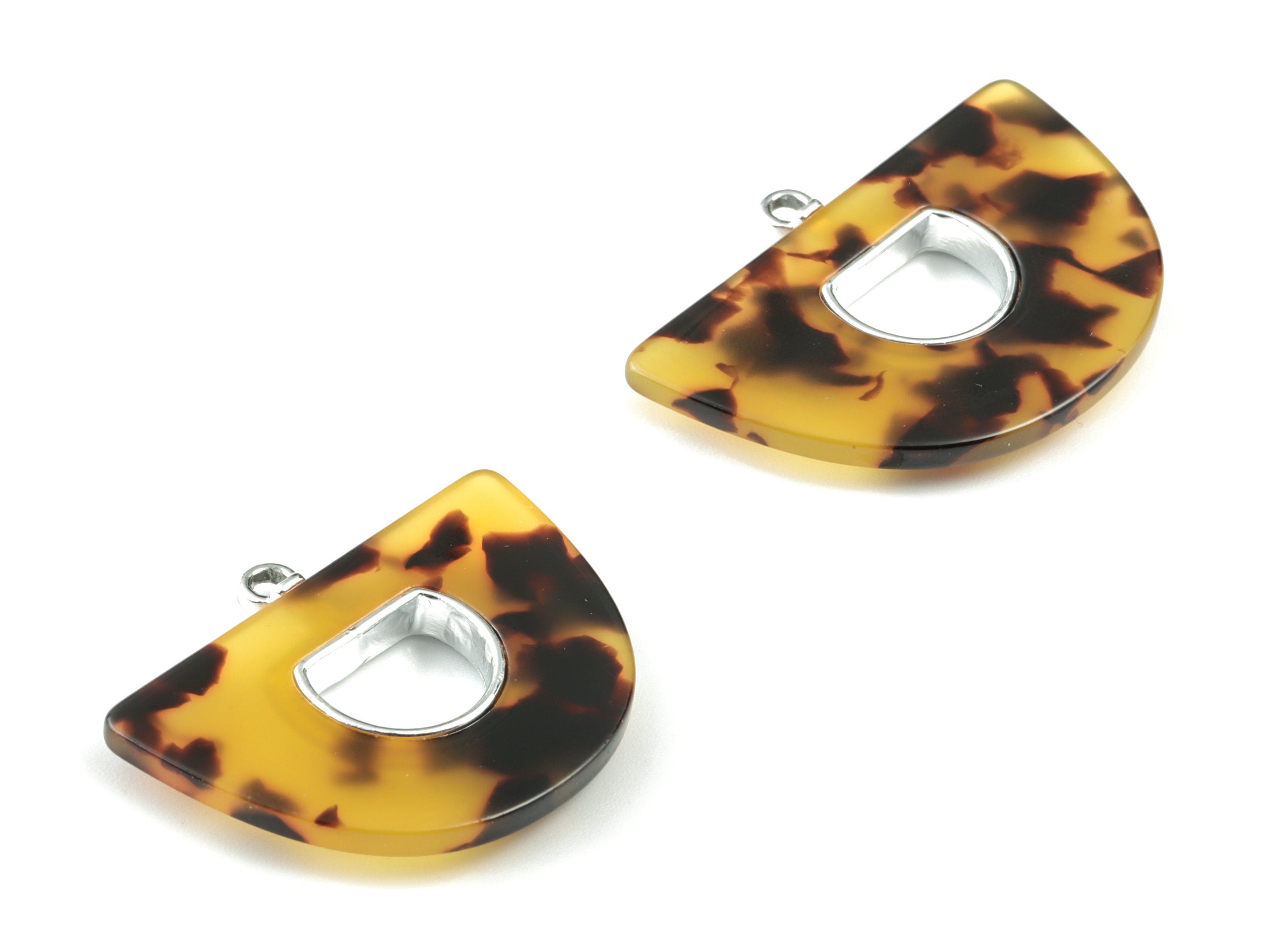 Acetate Semicircle Earring Charm - Silver Alloy Frame Tortoise Shell Charms - Tortoise Shell Half Moon Pendant - 35x28x4mm - AC1842-A02S - DOMEDBAZAAR