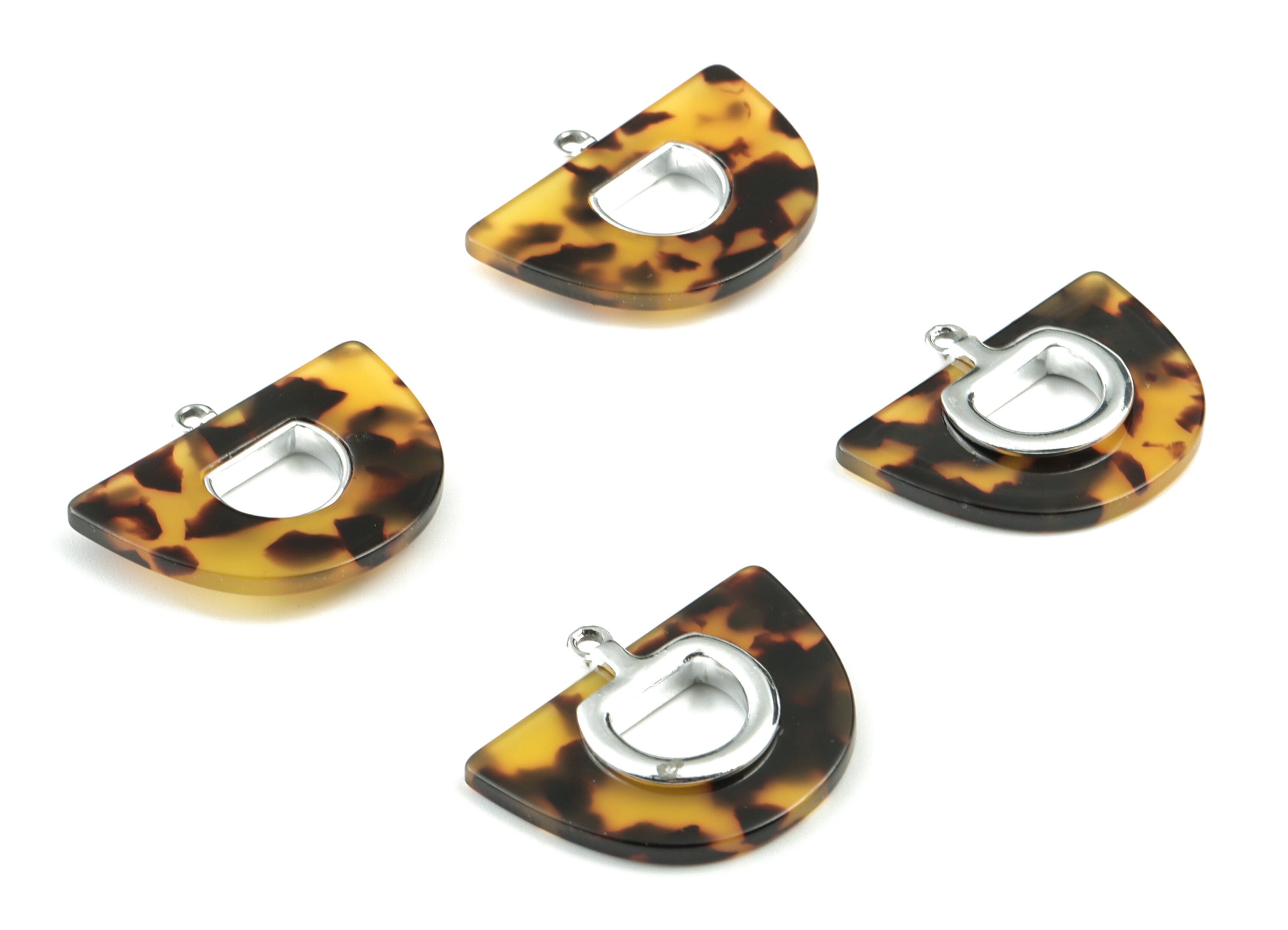 Acetate Semicircle Earring Charm - Silver Alloy Frame Tortoise Acetate Domed Charms - Half Moon Pendant - 39.88x28.57x3.99mm - AC2148-A02S - DOMEDBAZAAR