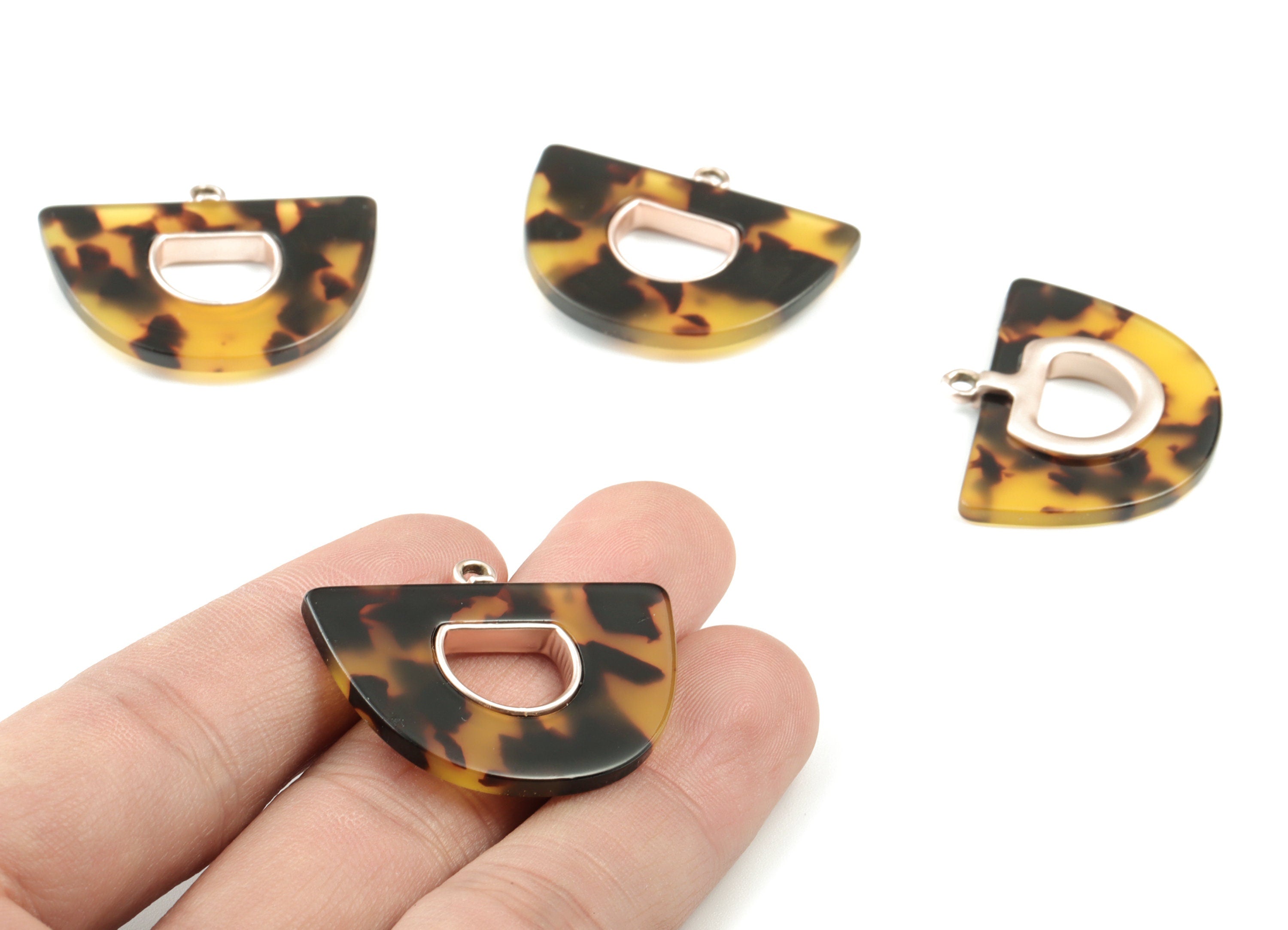 Acetate Semi circle Earring Charm - Matte Rose Alloy Frame Tortoise Shell Acetate Half Moon Pendant - 39.88x28.57x3.99mm - AC2148-A02MR - DOMEDBAZAAR