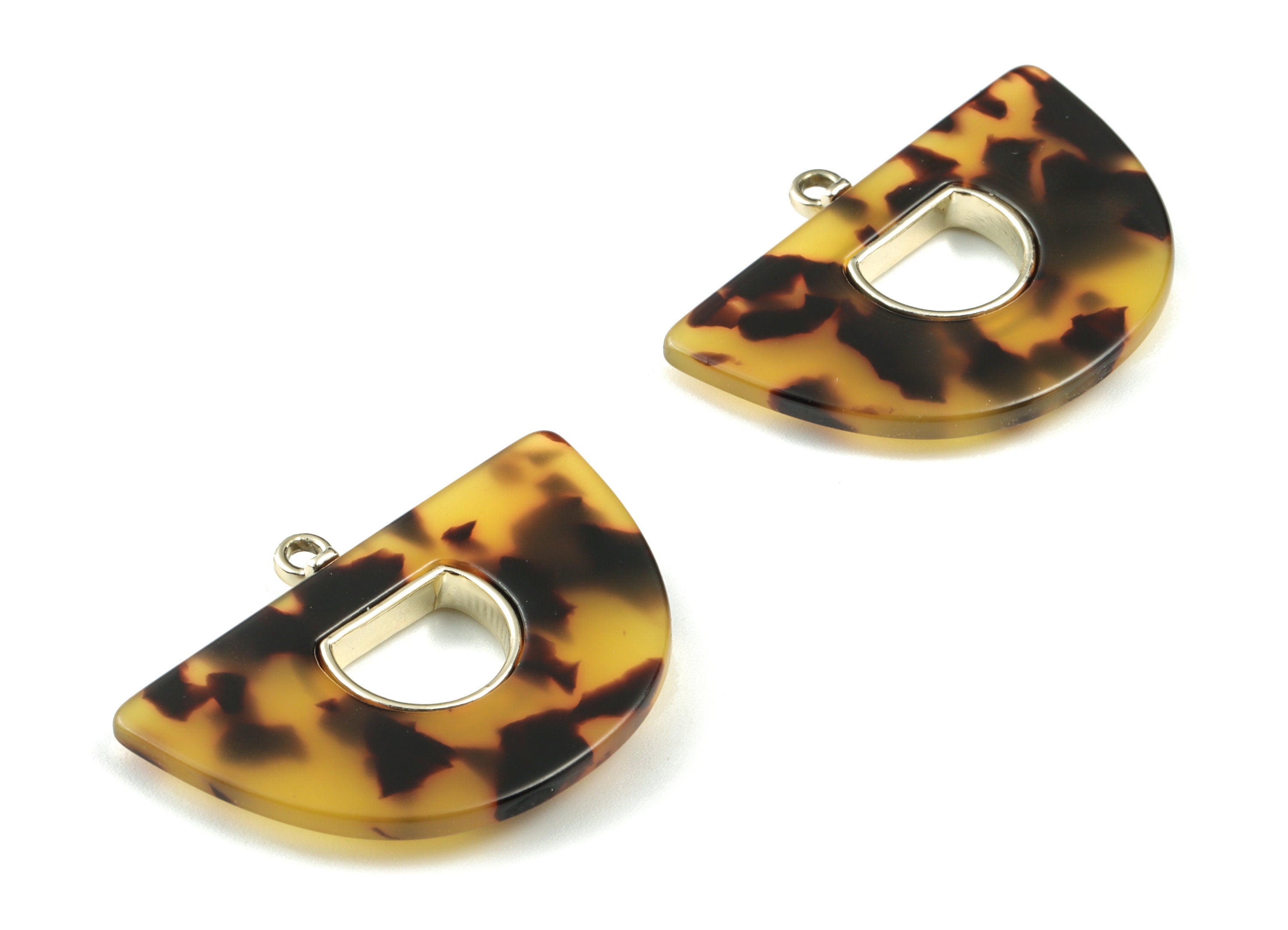 Acetate Semicircle Earring Charm - Gold Alloy Frame Tortoise Shell Charms - Tortoise Shell Half Moon Pendant - 34.62x27.57x4mm - AC1842-A02G - DOMEDBAZAAR