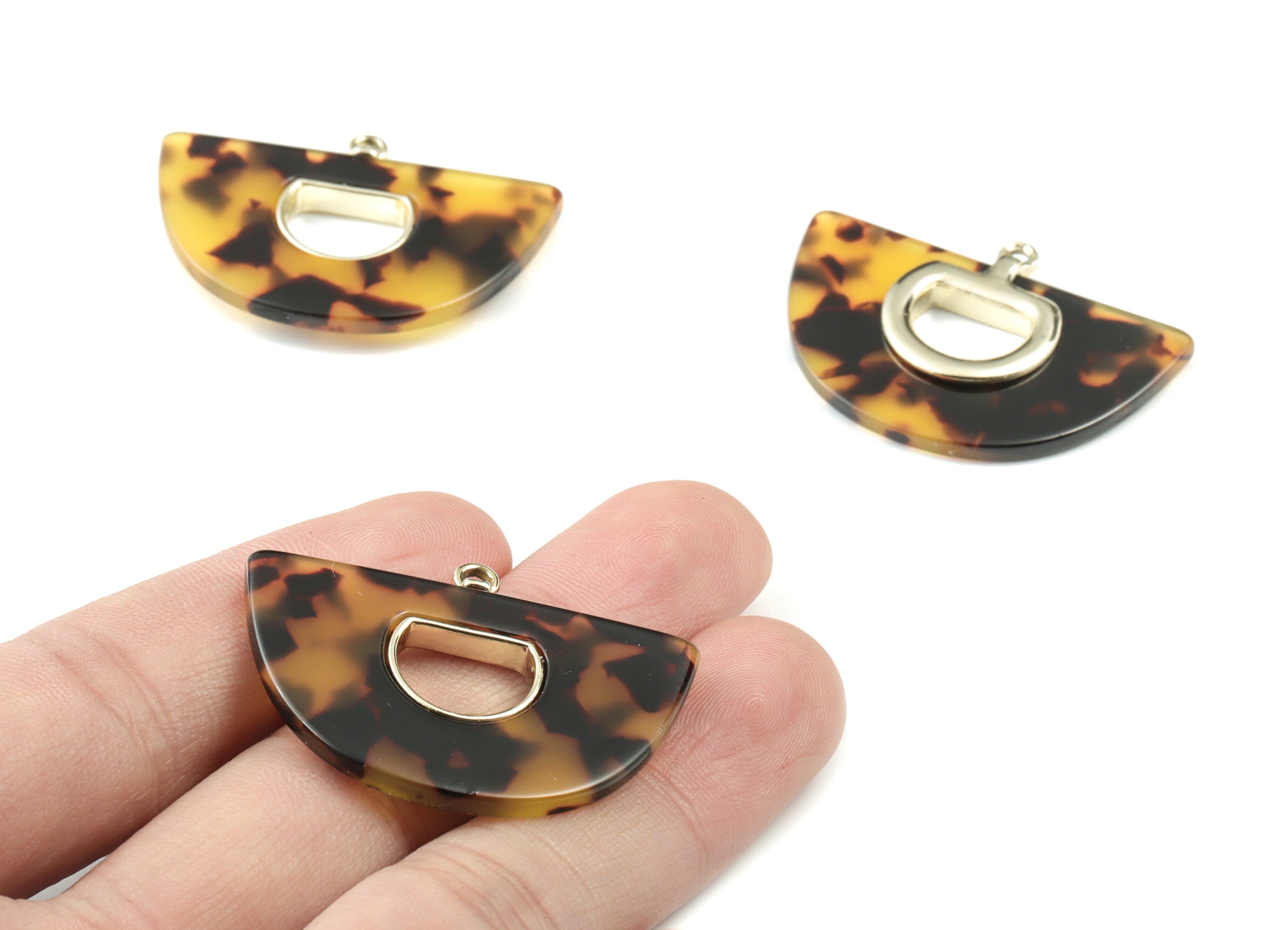 Acetate Semicircle Earring Charm - Gold Alloy Frame Tortoise Shell Charms - Tortoise Shell Half Moon Pendant - 34.62x27.57x4mm - AC1842-A02G - DOMEDBAZAAR