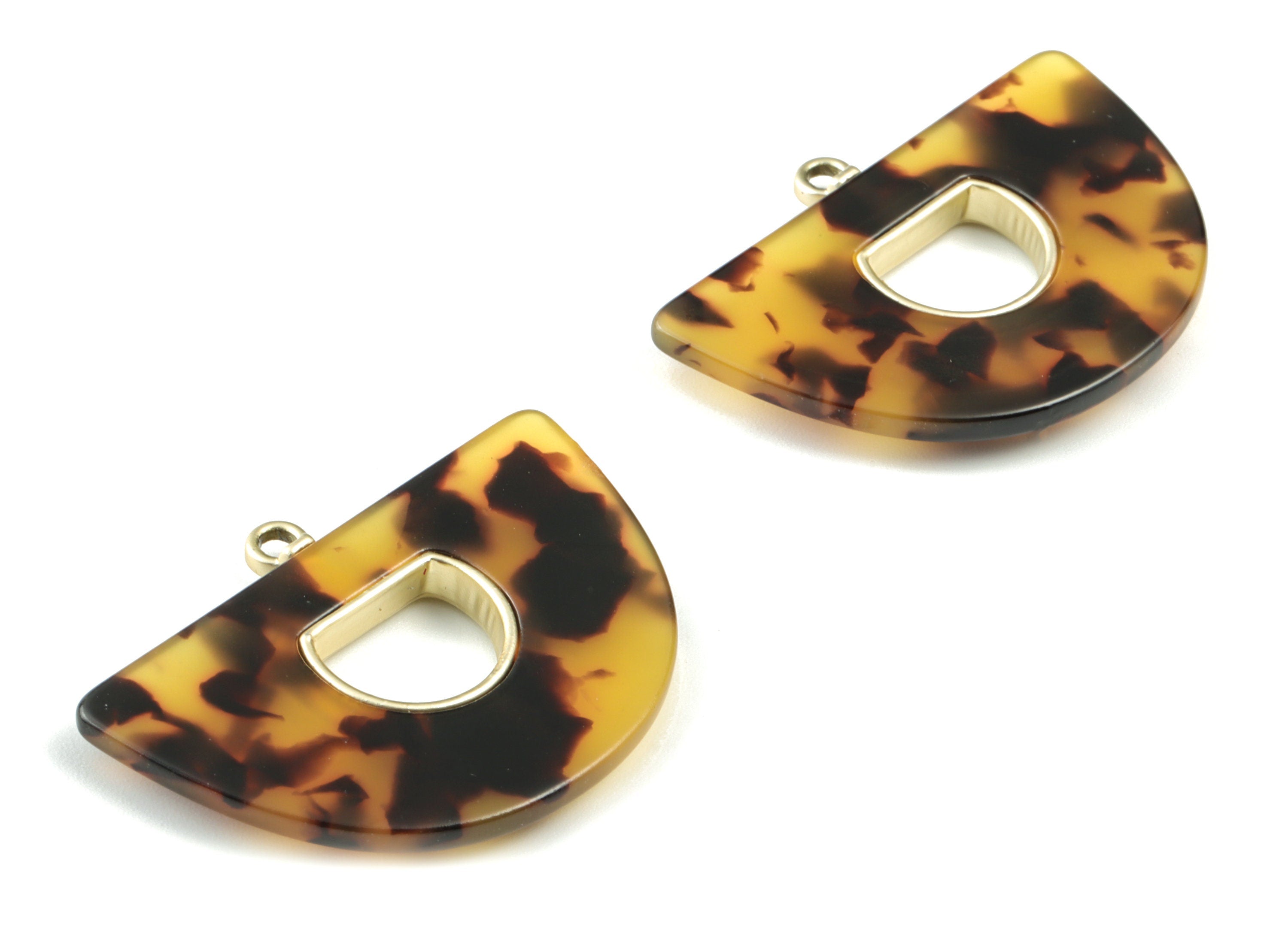 Acetate Semicircle Earring Charm - Matte Gold Alloy Frame Tortoise Shell Charms - Tortoise Shell Half Moon - 34.62x27.57x4mm - AC1842-A02MG - DOMEDBAZAAR