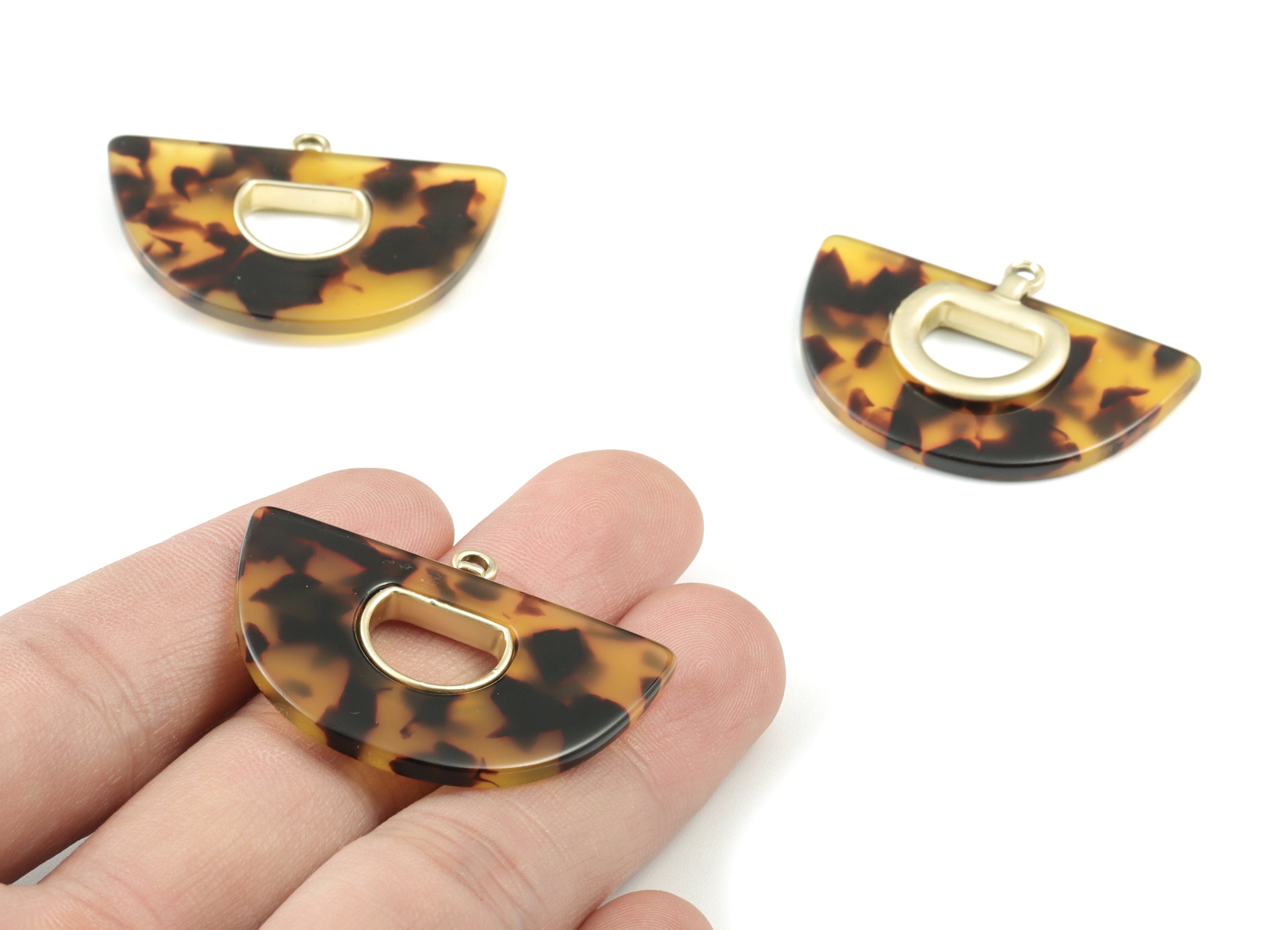 Acetate Semicircle Earring Charm - Matte Gold Alloy Frame Tortoise Shell Charms - Tortoise Shell Half Moon - 34.62x27.57x4mm - AC1842-A02MG - DOMEDBAZAAR