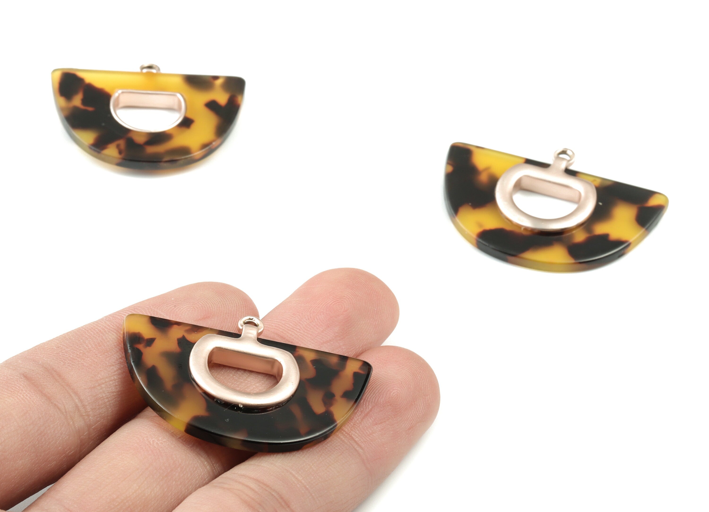 Acetate Semicircle Earring Charm - Matte Rose Alloy Frame Tortoise Shell Charms - Tortoise Shell Half Moon - 34.62x27.57x4mm - AC1842-A02MR - DOMEDBAZAAR
