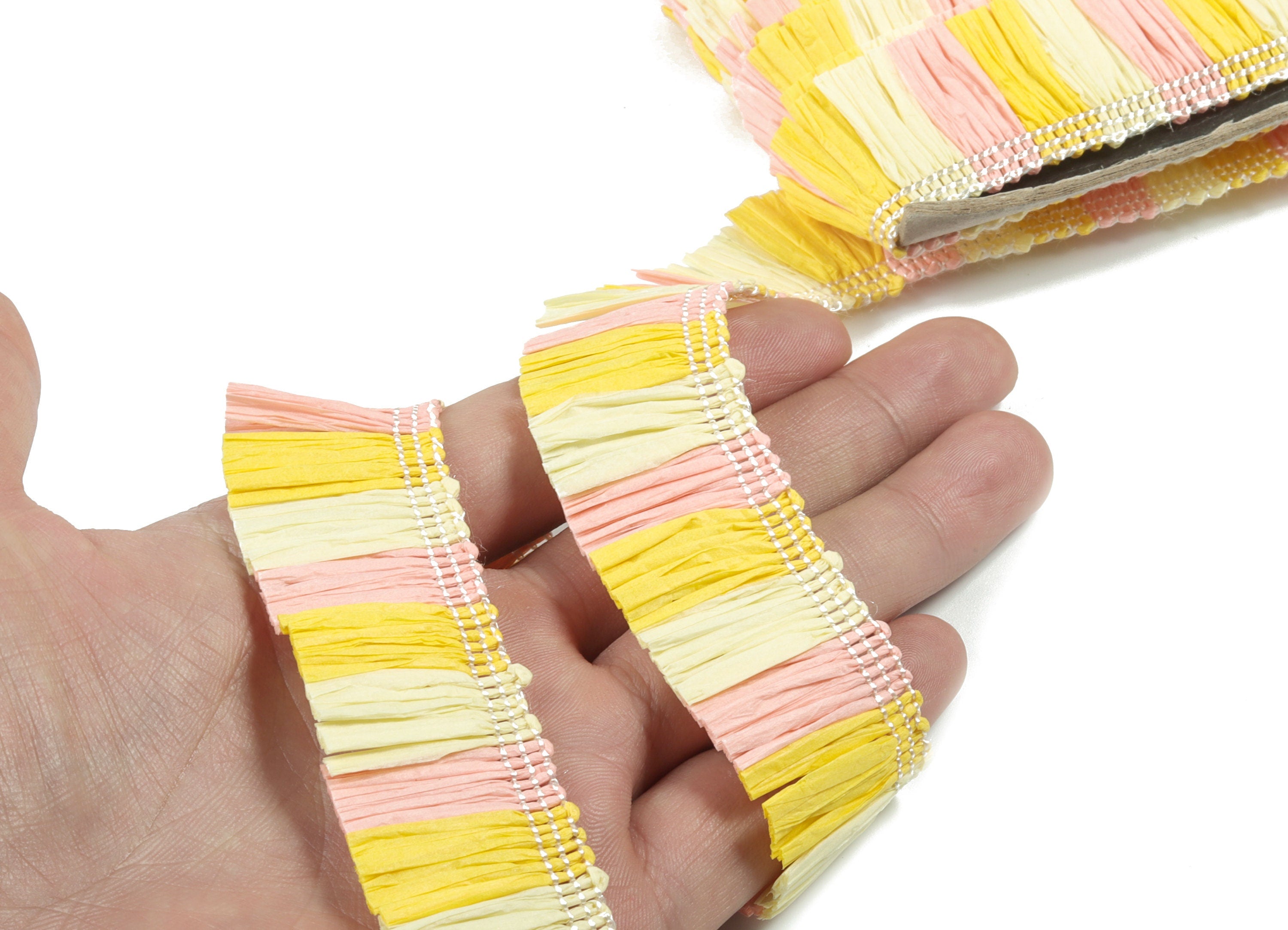 Raffia Tassels Strip - Natural Raffia Grass -  Yellow Pink Color  Raffia Tassel Skirt - Jewelry Accessories - 25x2.8mm - RS1070 - DOMEDBAZAAR