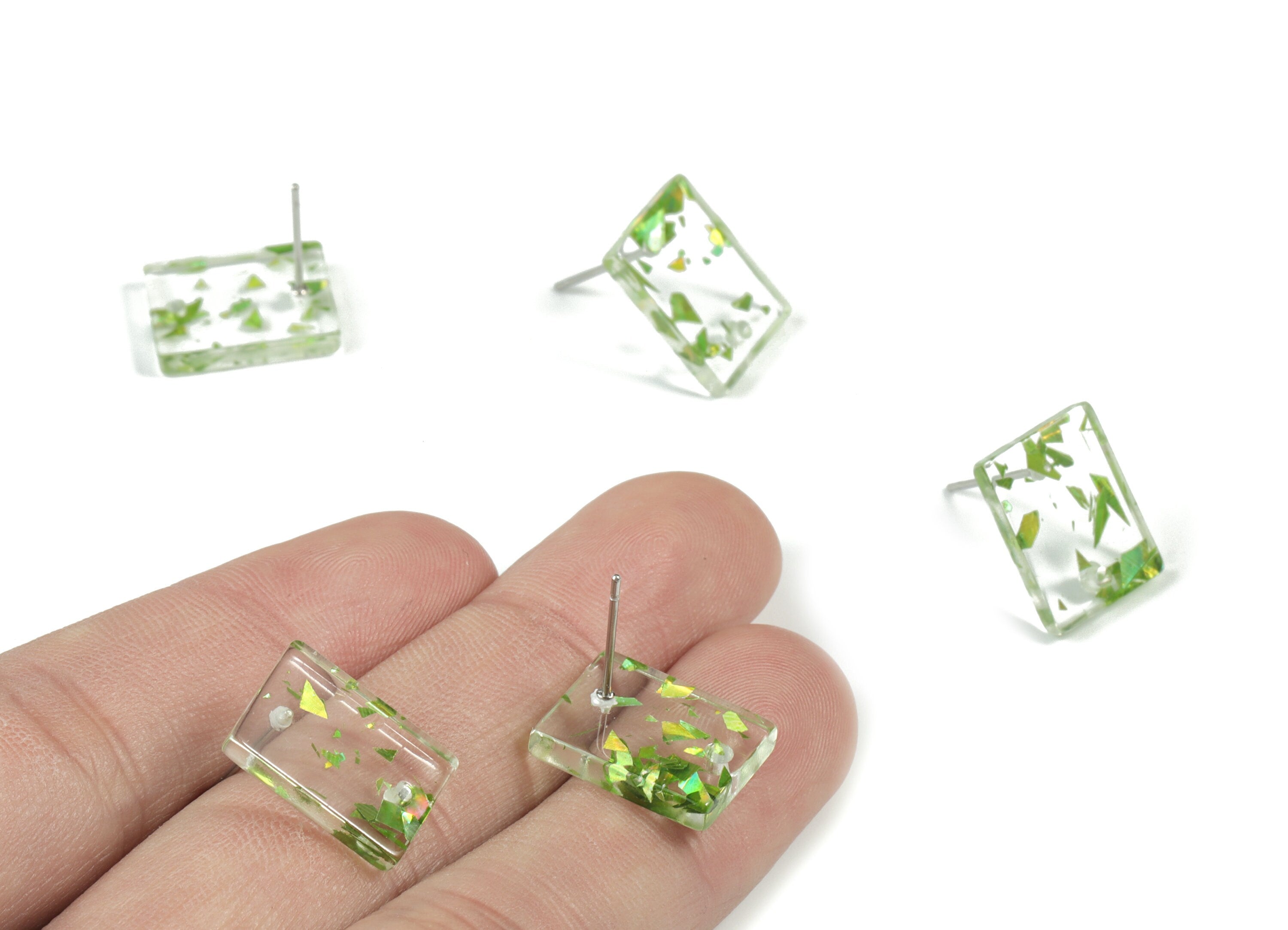 Acetate Rectangle Earring Stud - Transparent & Green Confetti - Rectangle Earring Post - Color Code: A547 - 15.43x11.72x2.5mm- AC1663-A547 - DOMEDBAZAAR