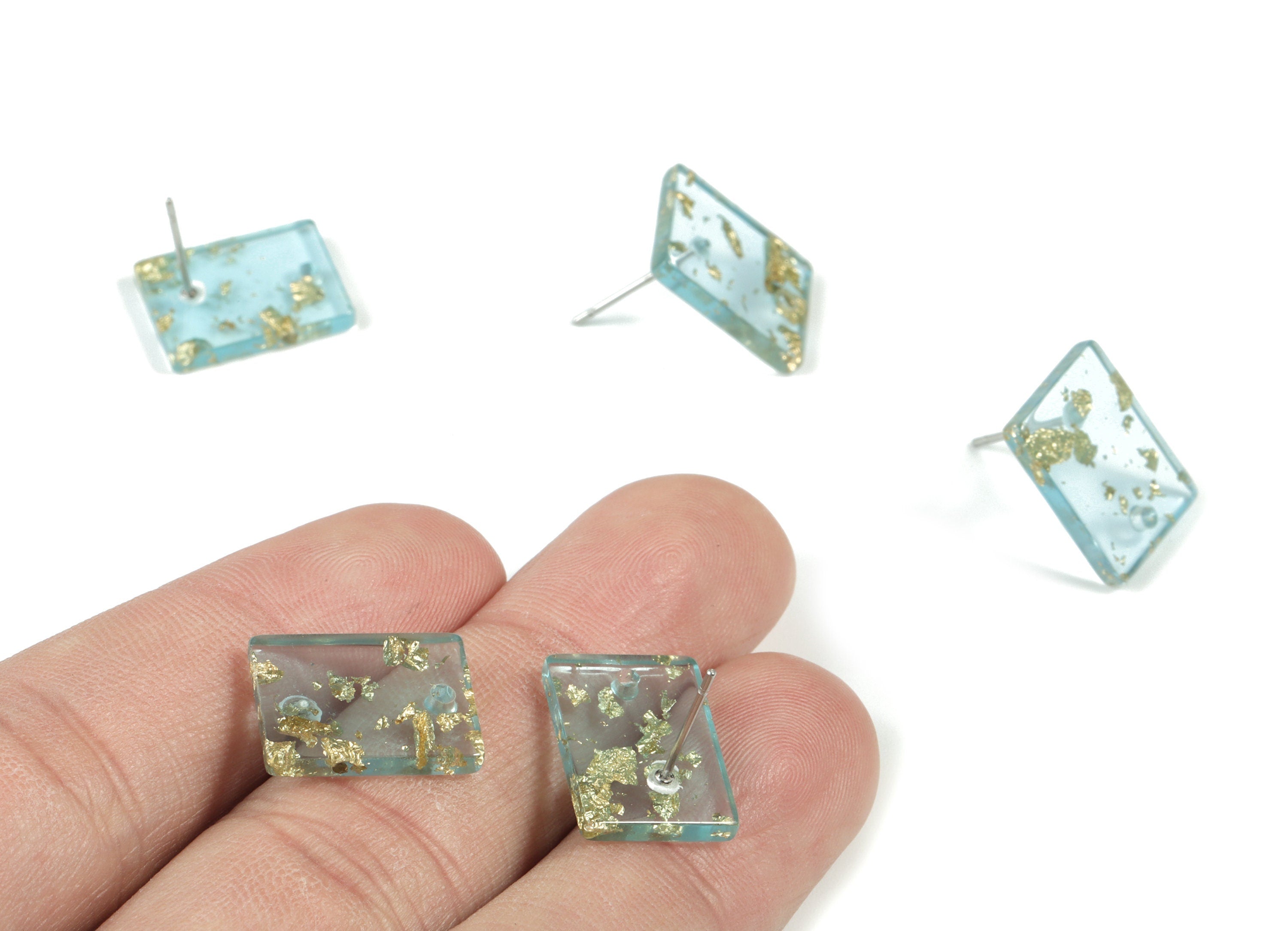 Acetate Rectangle Earring Stud - Blue & Gold Confetti - Rectangle Earring Post - Color Code: A546 - 15.43x11.72x2.5mm- AC1663-A546 - DOMEDBAZAAR