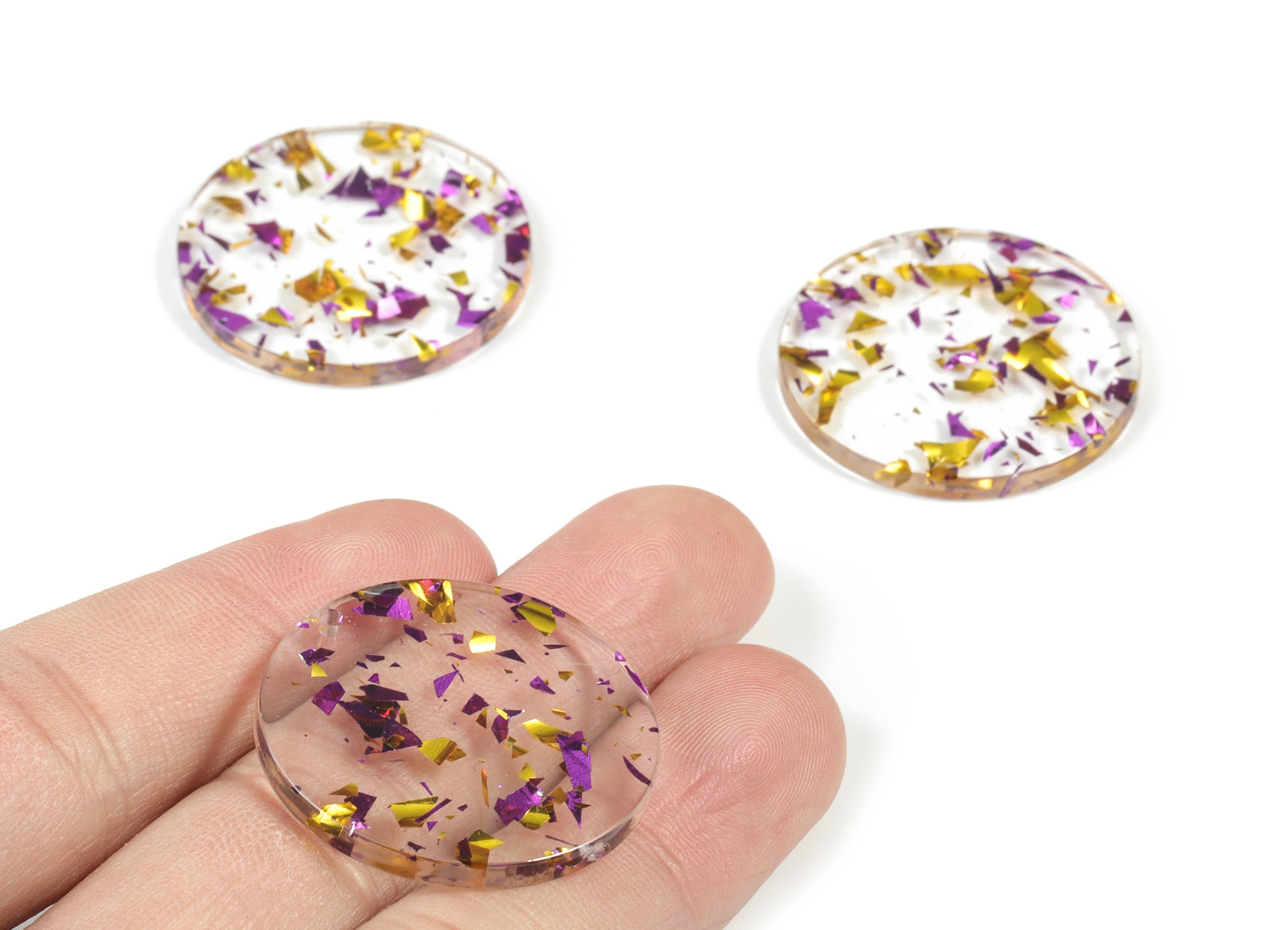 Acetate Round Earring Charms - Blue Round Pendant - Purple & Gold Confetti - Color Code: A388 - 30.33x30.33x2.58mm - AC1315-A388 - DOMEDBAZAAR