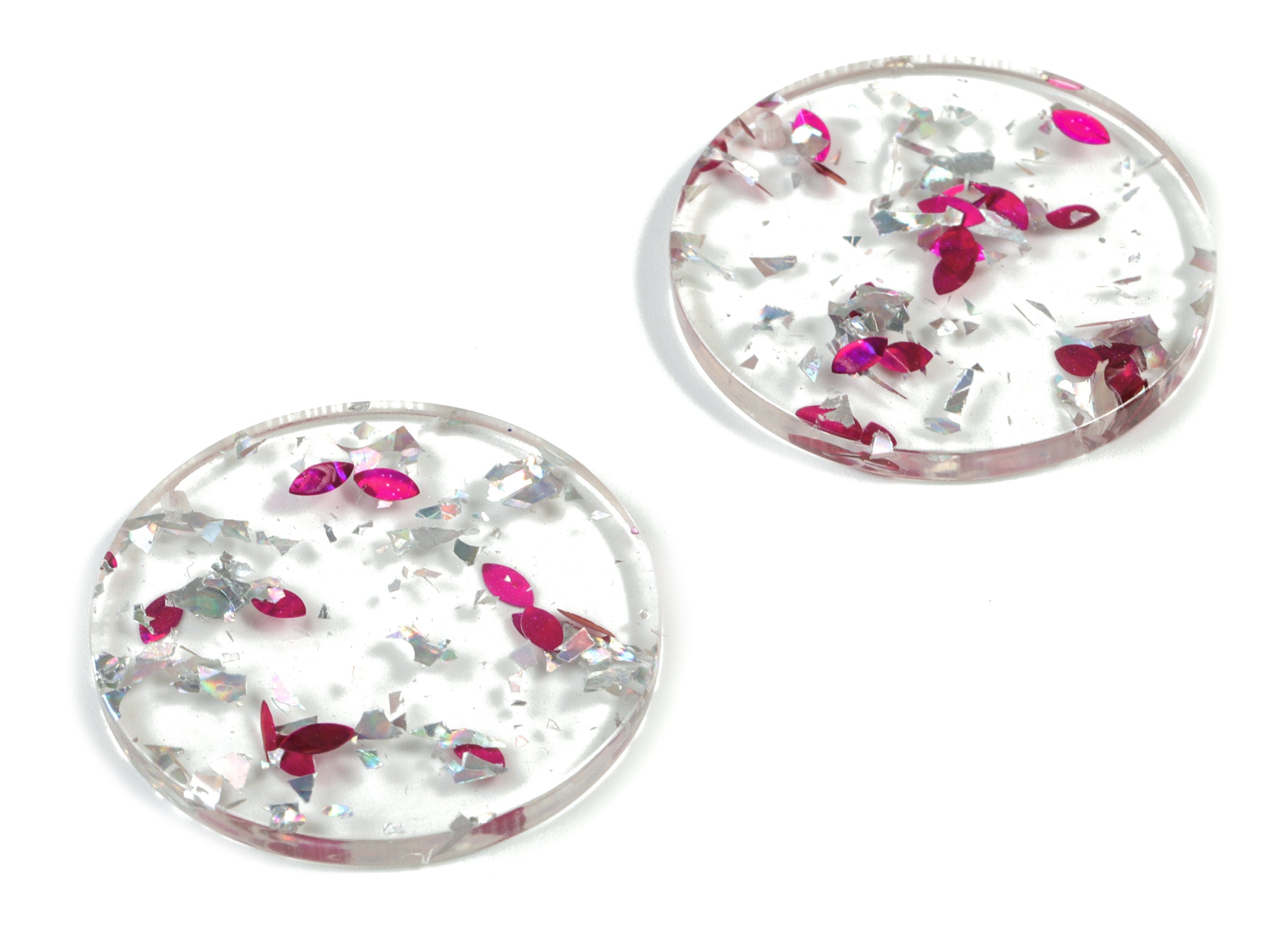 Acetate Round Earring Charms - Blue Round Pendant - Pink Silver Foil & Confetti - Color Code: A449 - 30.33x30.33x2.58mm - AC1315-A449 - DOMEDBAZAAR