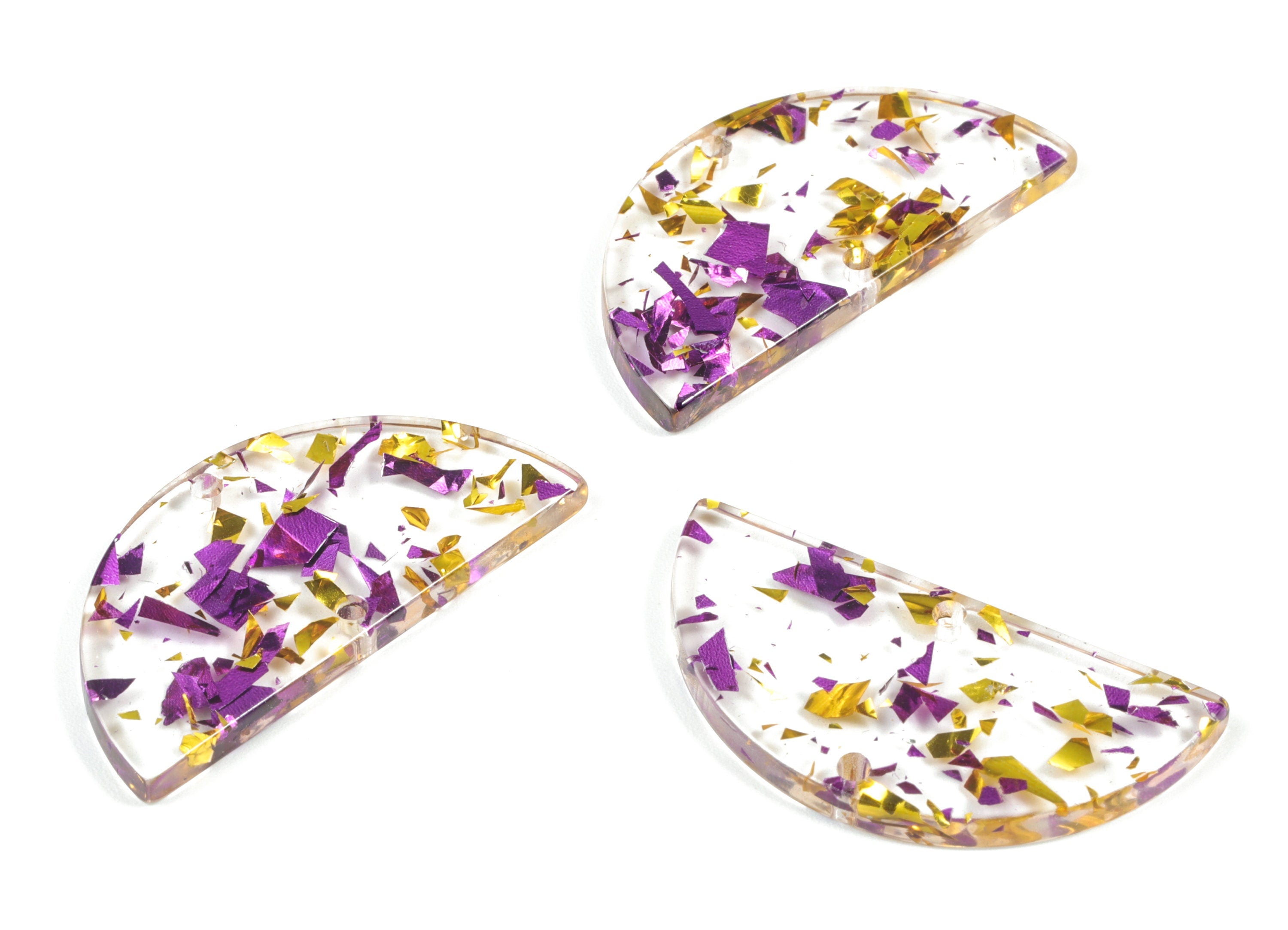 Acetate Semicircle Connectors - Purple & Gold Confetti Half Moon Earrings Charms - Color Code:A388 - 37.63x18.78x2.41mm - AC1794-A388 - DOMEDBAZAAR