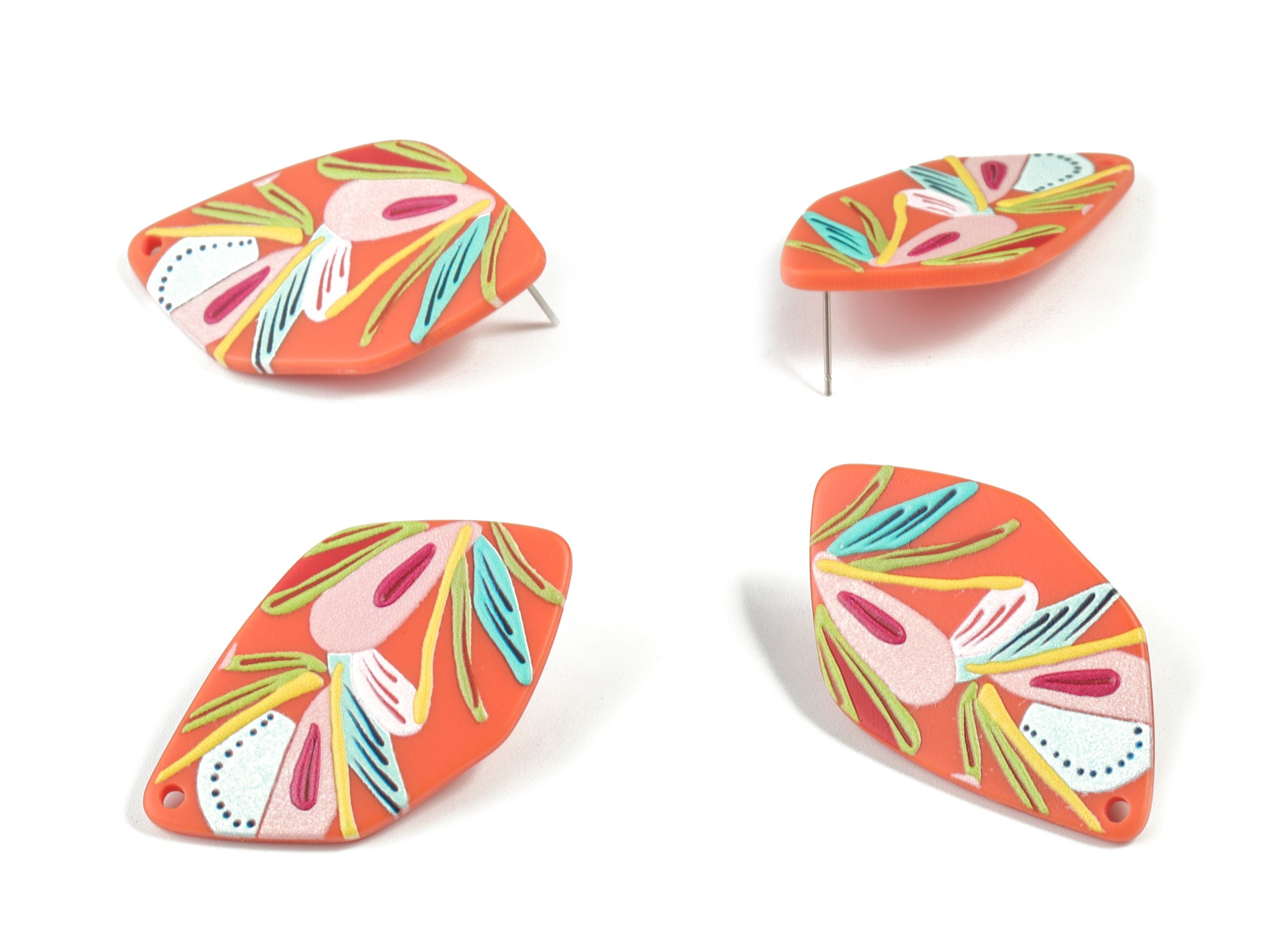 Acrylic Flower Earring Stud - Printing Geometric Earring Post - 316 Stainless Steel Post - Jewelry Supplies - 45.44x25.98x2.77mm - AC2152 - DOMEDBAZAAR